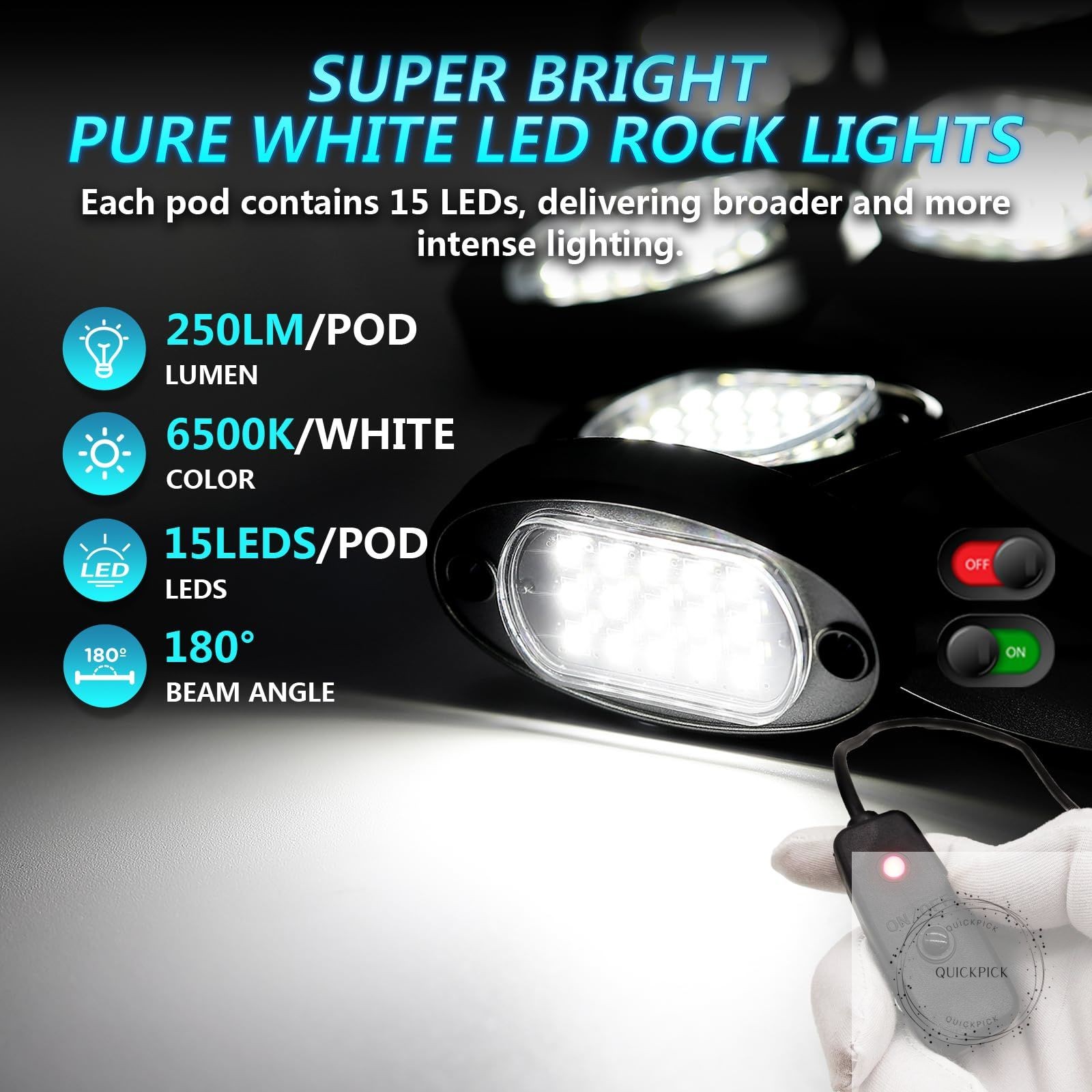 8Piece Bright Pure White LED Rock Lights Kit 6500K with Wiring Harness Power Kil