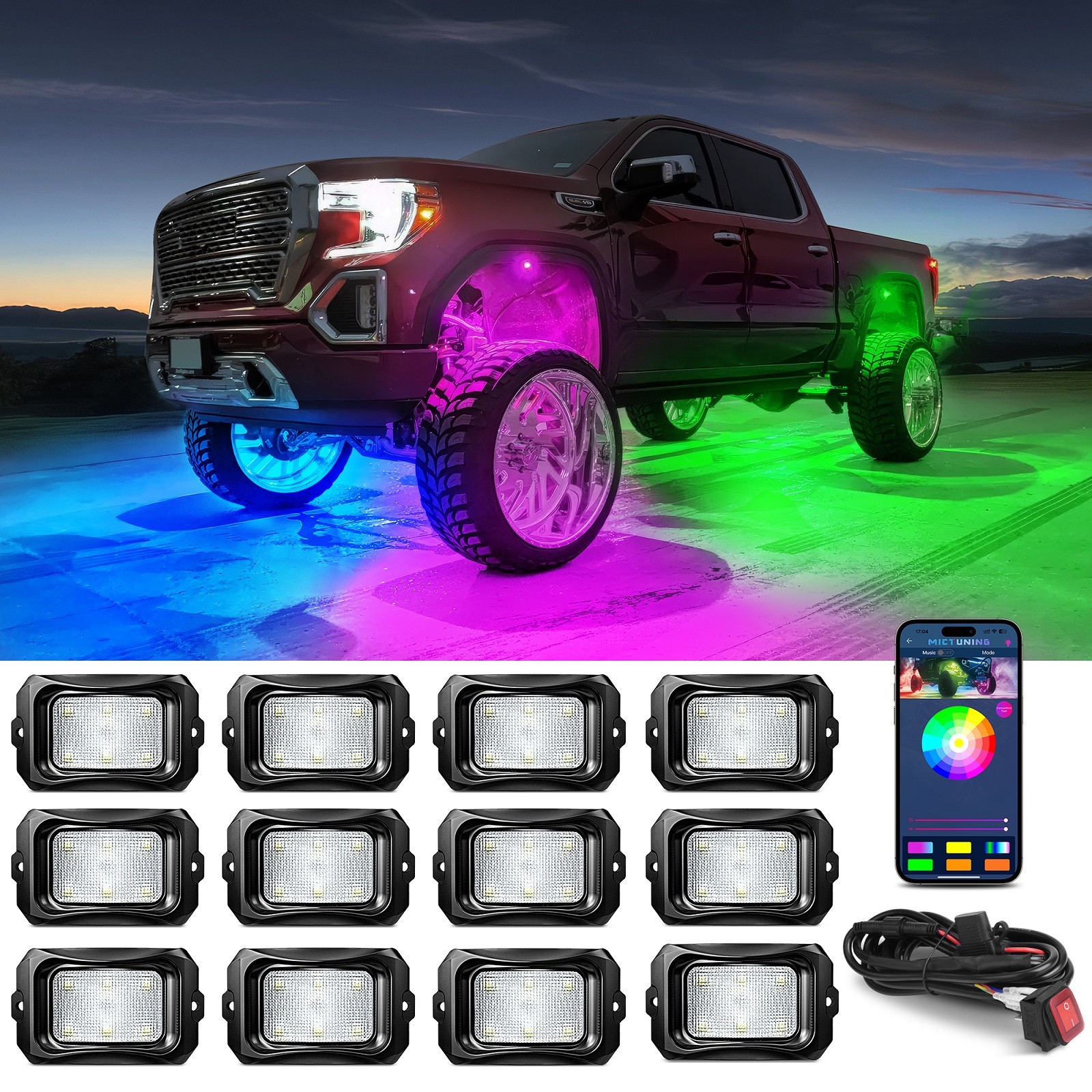 8/10/12 Pods RGB LED Rock Lights Offroad Truck APP Underbody Underglow Neon Kit