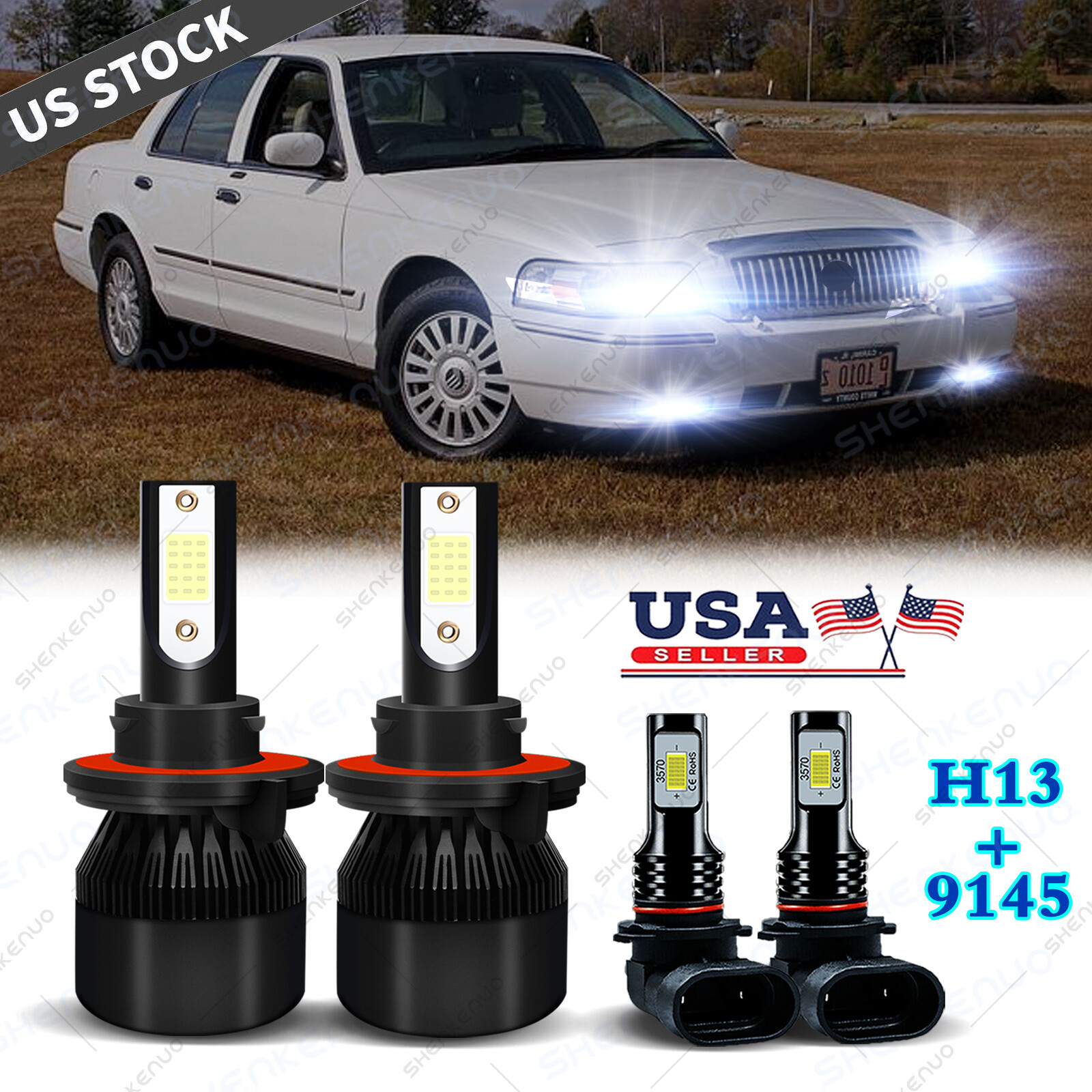 For Mercury Grand Marquis 2006-2011 – 4pc LED Headlight Hi-Low + Fog Light Bulbs