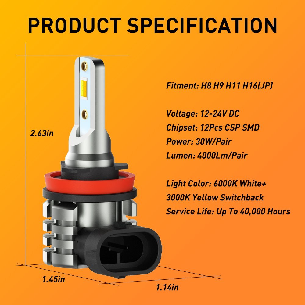 2PCS H11 H9 H8 Dual Color Switchback White Yellow CSP LED Fog Light Bulbs 30W US