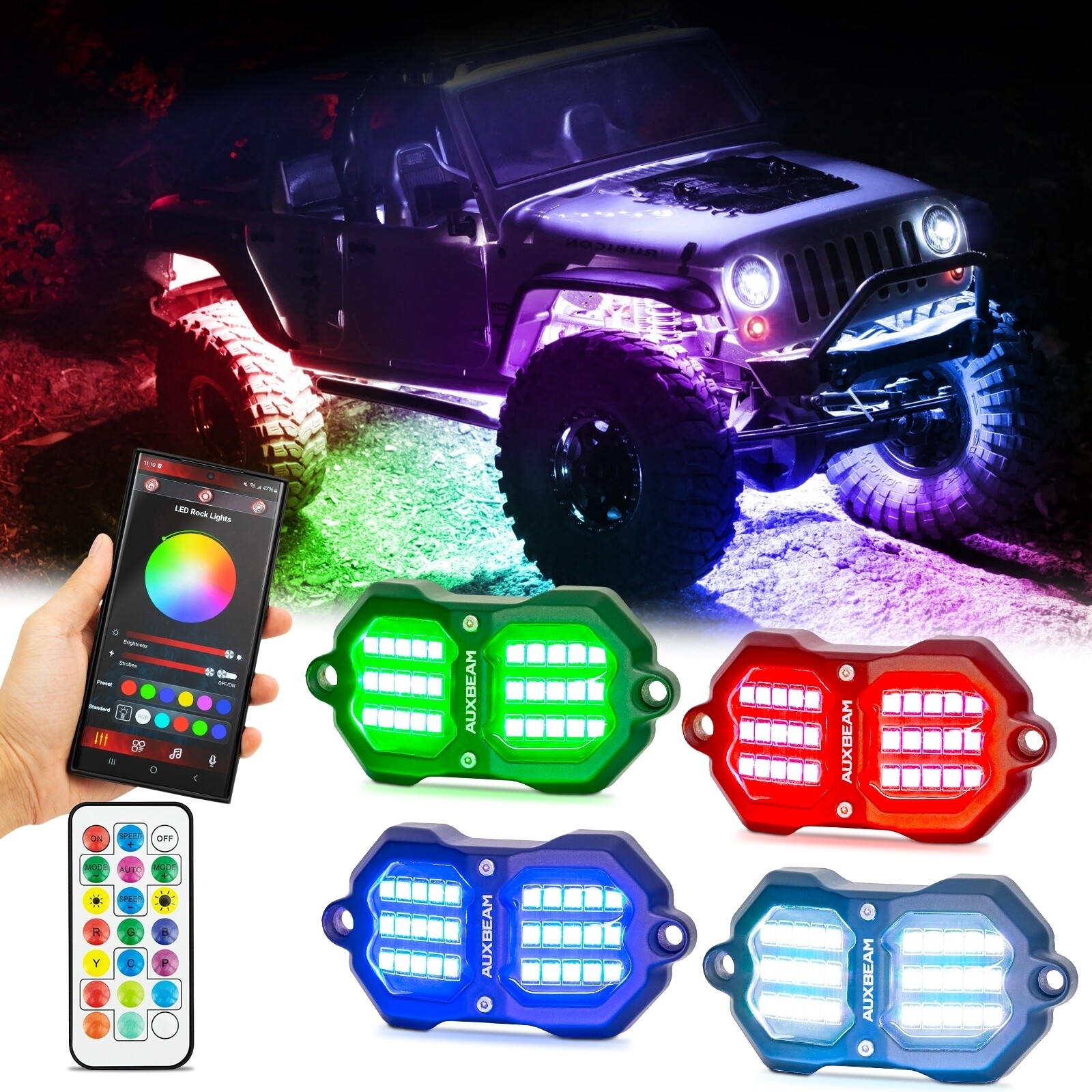 AUXBEAM 4/8 Pods RGB LED Rock Lights Dream Color Underglow Neon 48W 72W 96W 120W