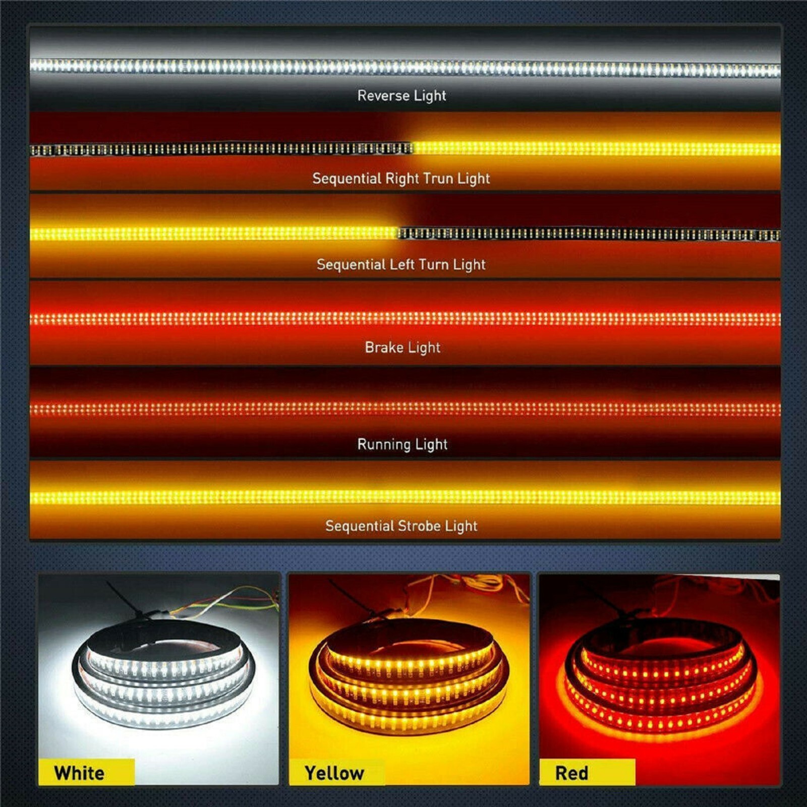 LED Strip Orange 3 Row Tailgate Light D Truck Turn Signal Bed Brake Stop Backup