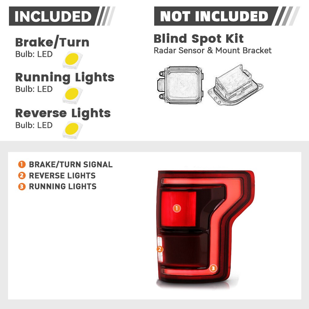 For 2017-2020 Ford F-150 LED Tail Light w/ Blind Spot Smoke Red lens Pair