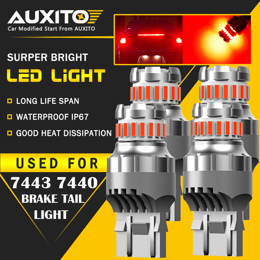 4X AUXITO 7443 7440 Flash Strobe Blinking Red Brake Tail Stop Light LED Bulbs EA