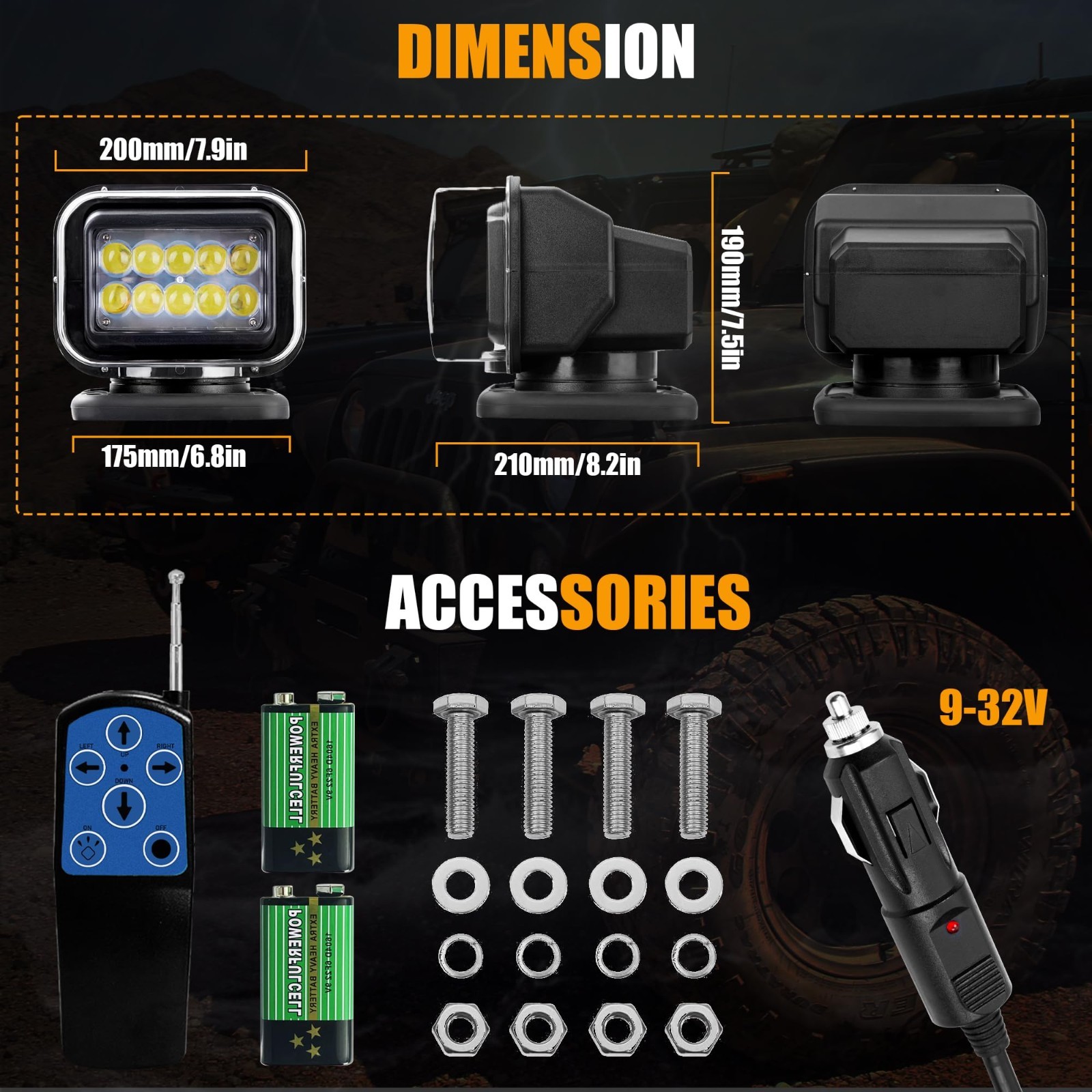Remote Search Lights for Truck, Auto-Reset 360 Rotating, LED, 6 Built-in Magnets