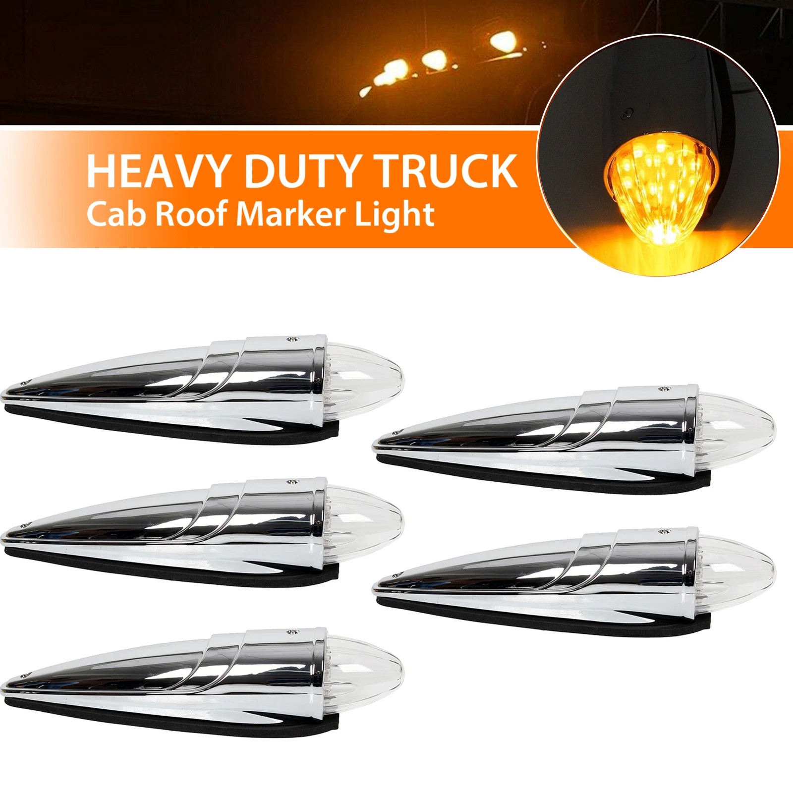 5pcs Roof Top Cab Lights Amber Marker Lights Chrome For Kenworth Mack Peterbilt