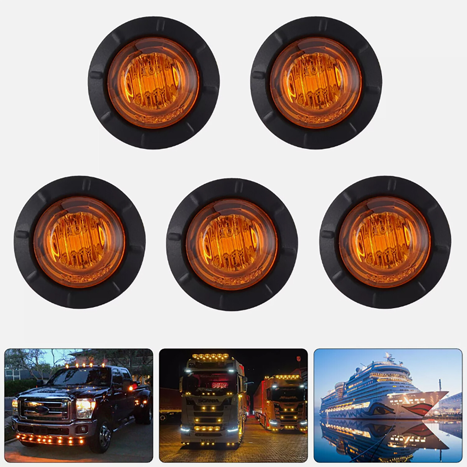 3/4″ 12V Marker Lights LED Truck Trailer Round Side Bullet Light Amber Red Lamps