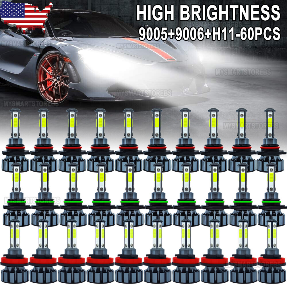 60x 4-Side Combo 9005+9006+H11 LED Headlight Fog Light Kits High Low Beam Bulbs