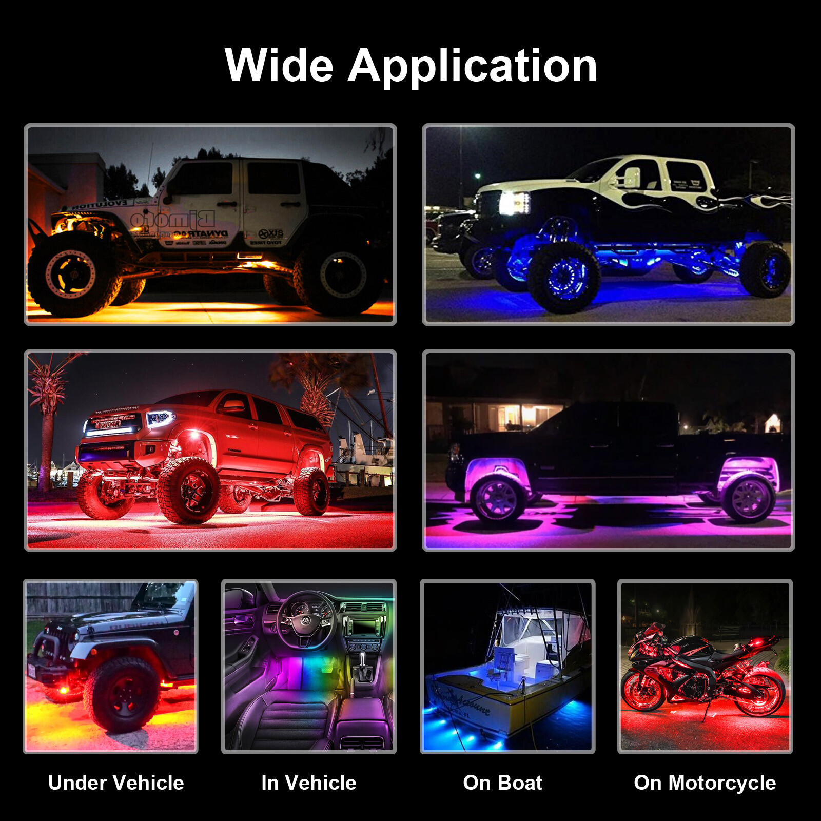 LED Rock Lights 8-Pods RGB Colorful Underglow Kit Neon Light IP 68 Waterproof