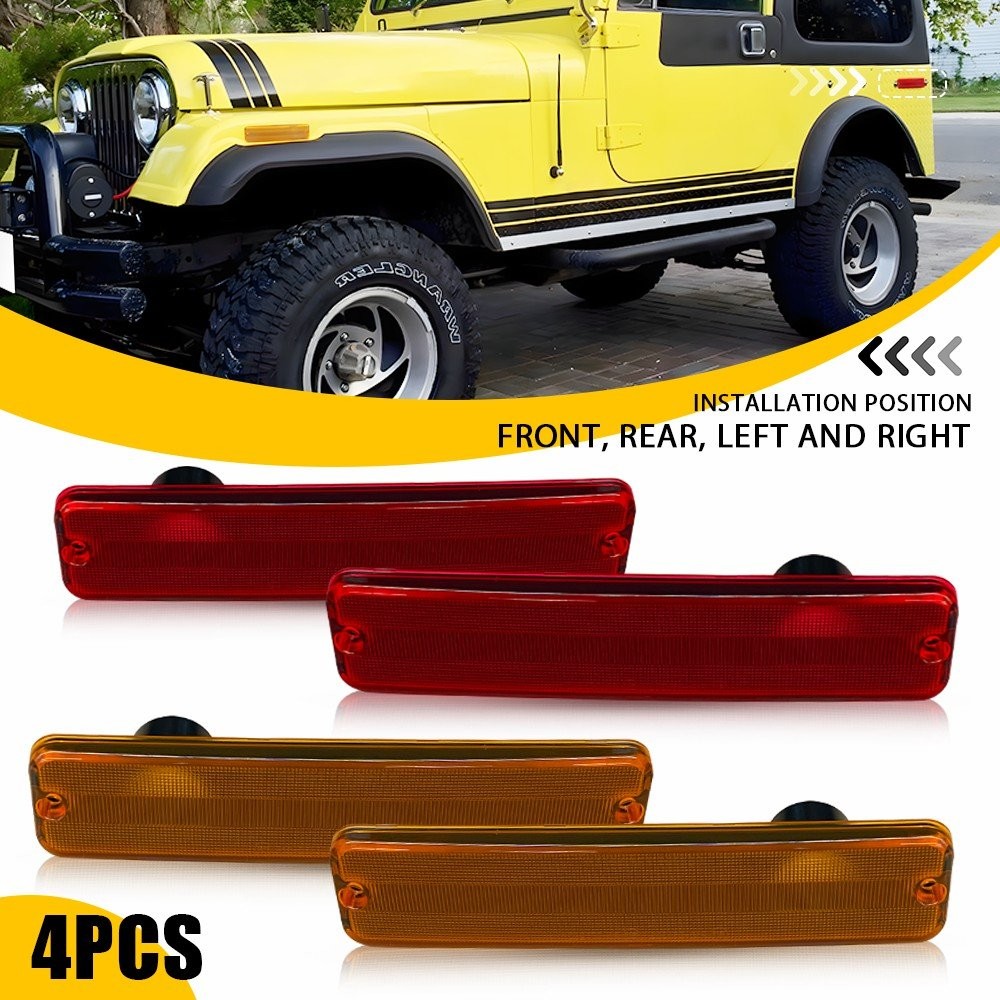 4PC Front Rear Side Marker Light Amber Red Lens For Jeep Cherokee J10 Pickup CJ5