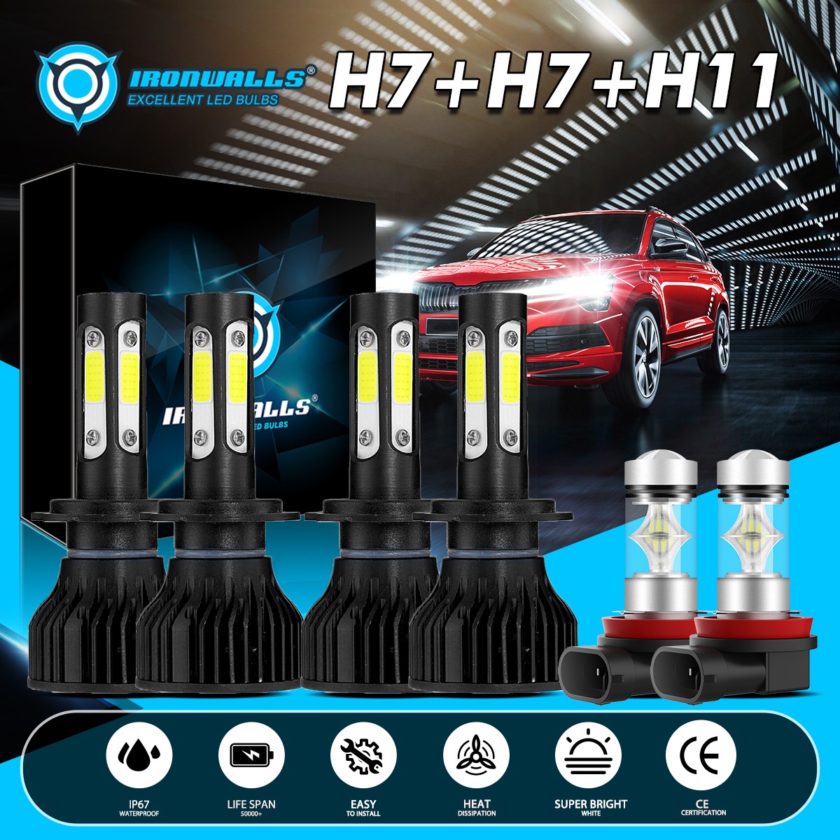 4-Sides H7 H11 LED Headlight Bulbs High Low Beam White For GMC Acadia 2007-2012
