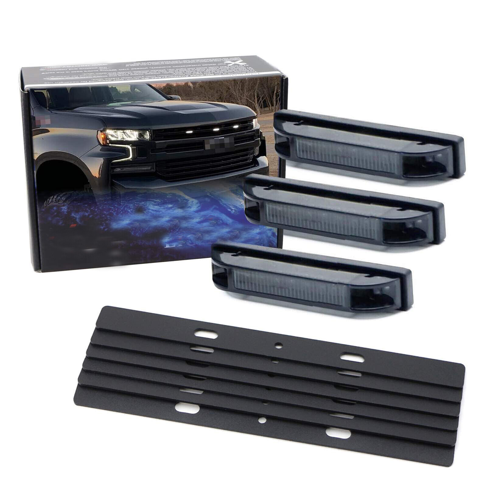 3pcs Smoke Lens White LED Center Grille Lights w/Bracket For 19+ Chevy Silverado