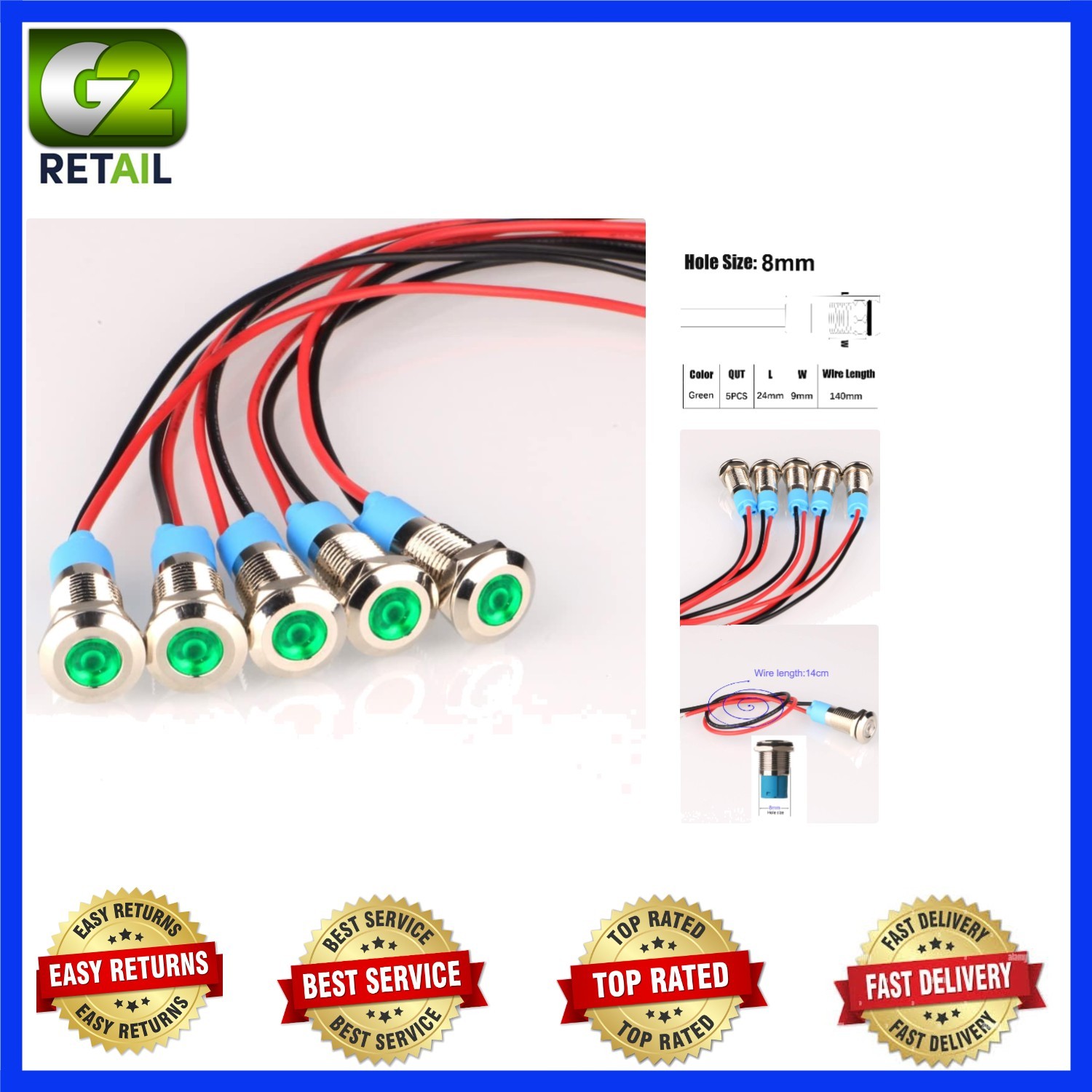 Stylish Green LED 8mm Indicator Lights – 5pcs Pack for Durable Use AC/DC 12-24V