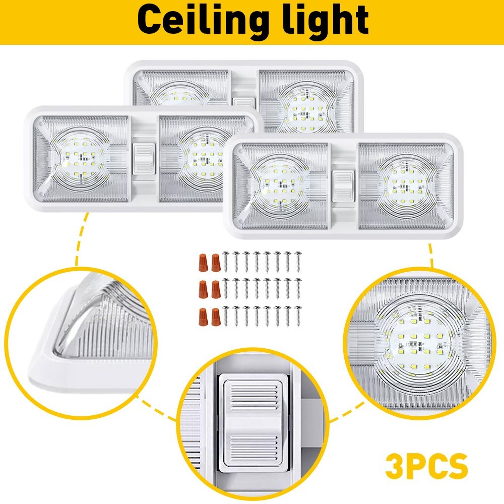 3PCS 12V LED RV Ceiling Interior Boat Light Camper Trailer Double Dome Frost