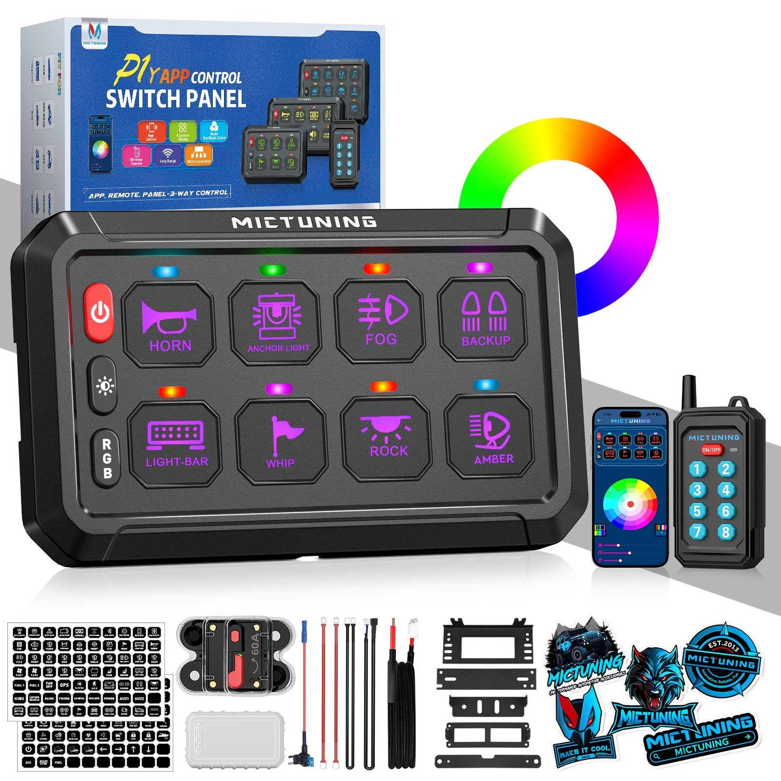 MICTUNING Wireless RGB Switch Panel 12/24v LED Circuit Remote/APP Control System