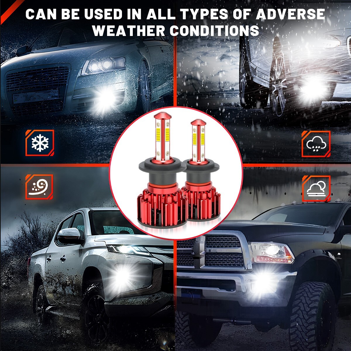 4 Sides H7 LED Headlight Bulb Kit High Low Beam 6500K White Super Bright 20000LM