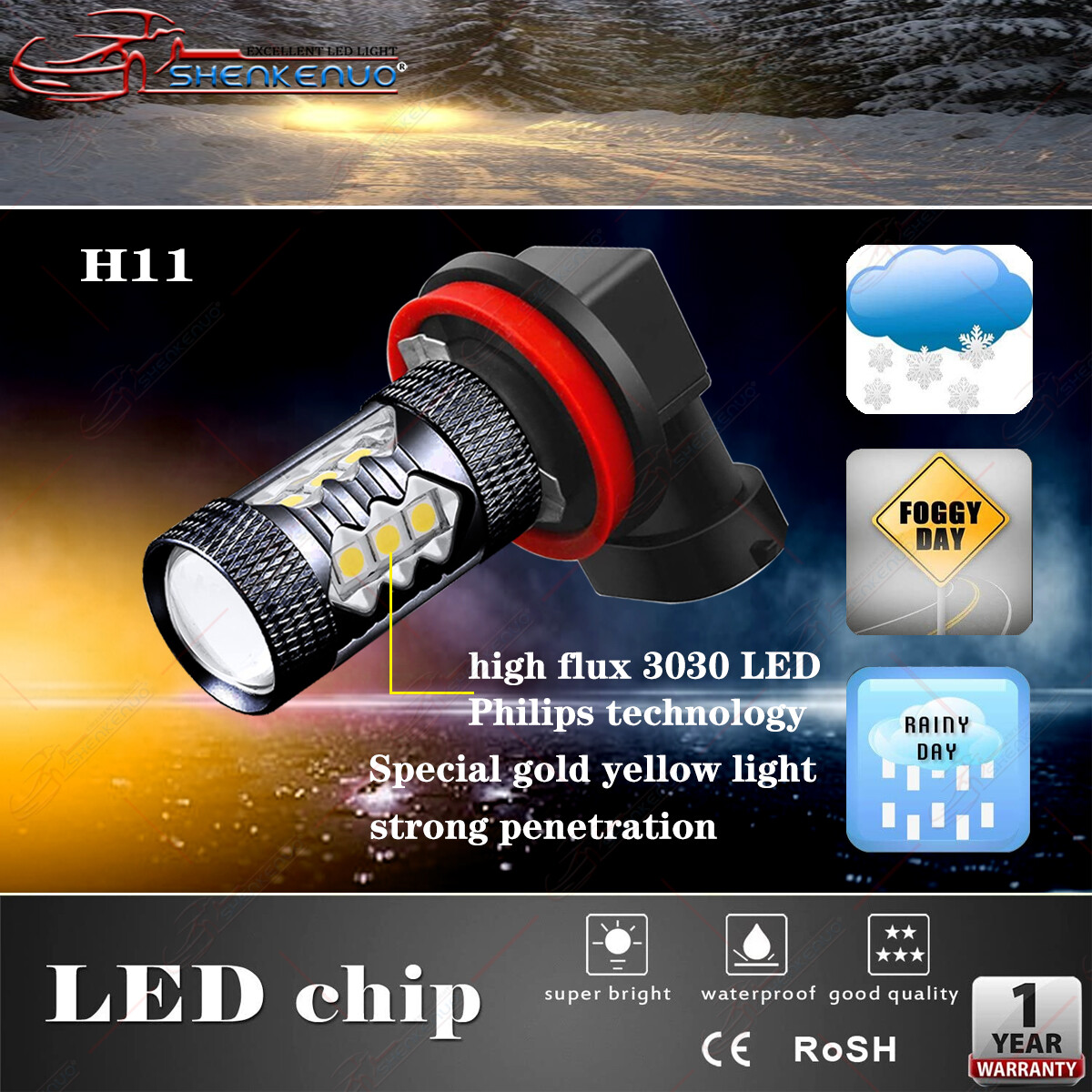 Super Bright Golden Yellow 16-SMD H11 H8 H9 LED Bulbs For DRL Driving Fog Lights
