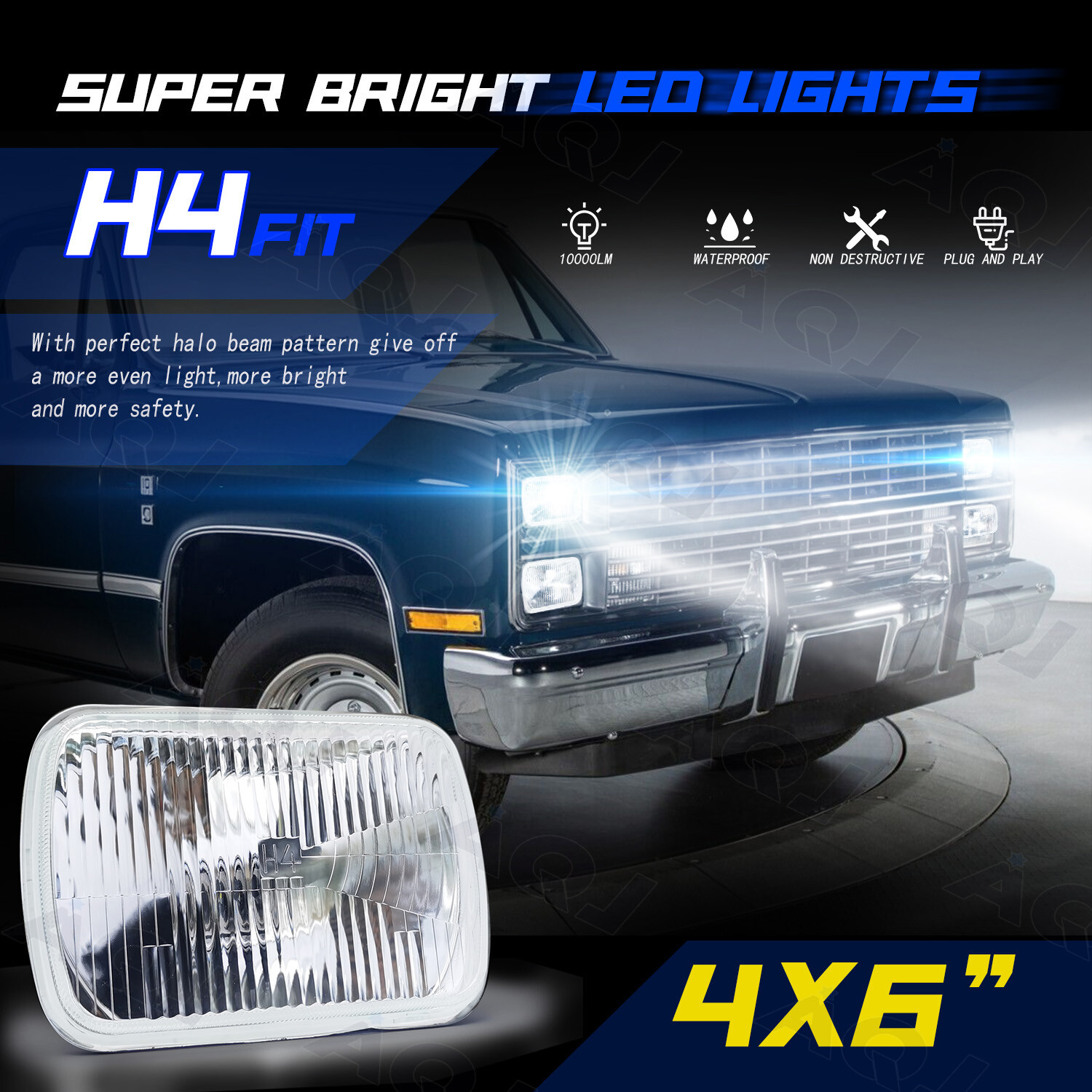 4PCS 4″X6″ LED Headlights High-Lo Beam Fit Chevy C10 Pickup 1981-87 Ford Mustang