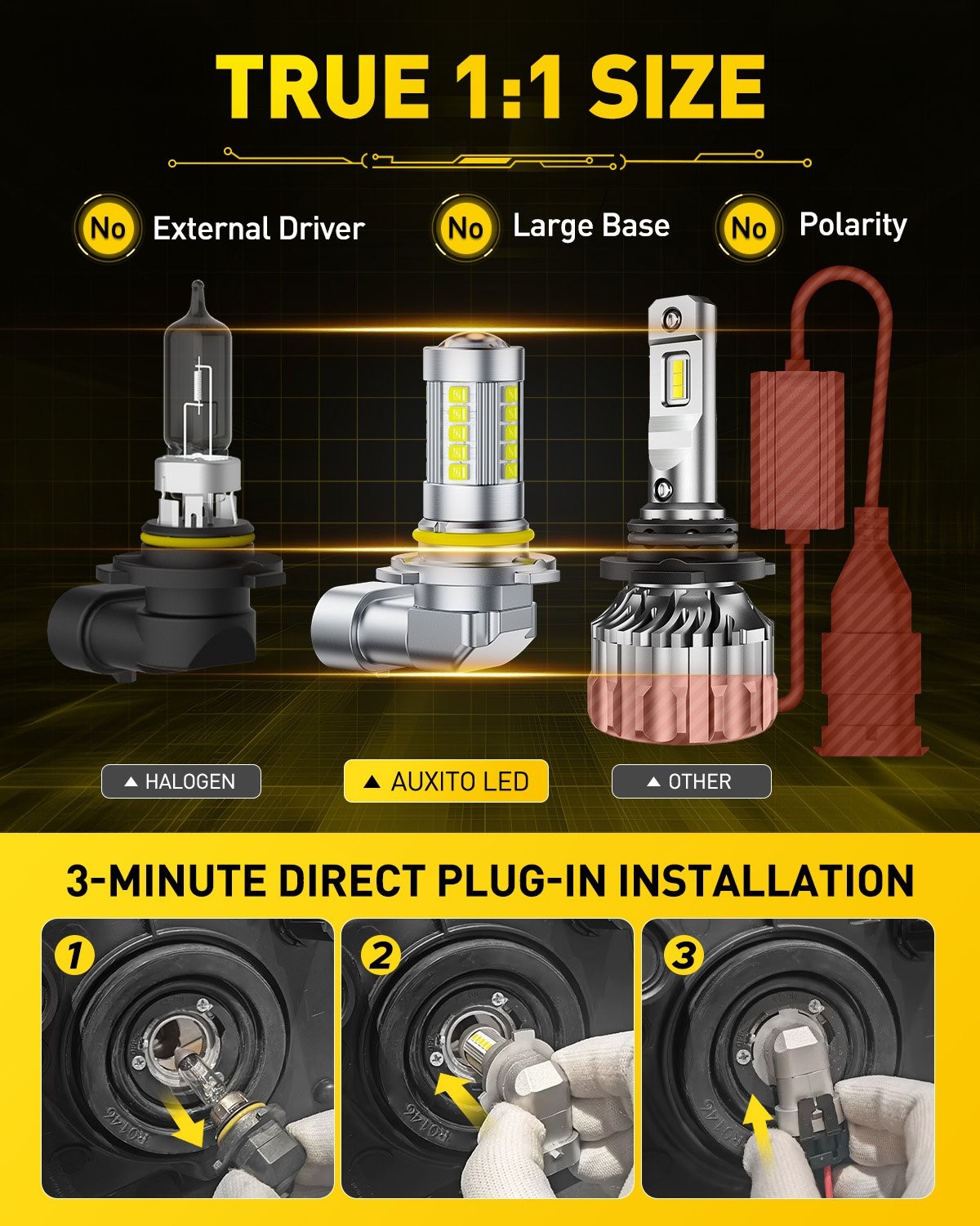 2Pcs AUXITO 9006 LED Headlight Bulb Kit Low Beam 1000LM Super Bright 6500K White