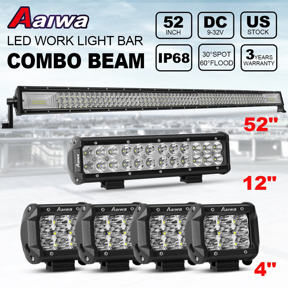 52″ Inch 1000W LED Light Bar Spot Flood + 12″ + 4″ Pods For Jeep Truck SUV Boat