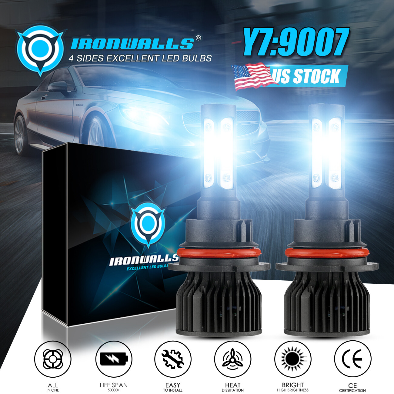 4-sides LED Headlight 9007 HB5 6000K White Hi/Low for LINCOLN Town Car 1990-2002
