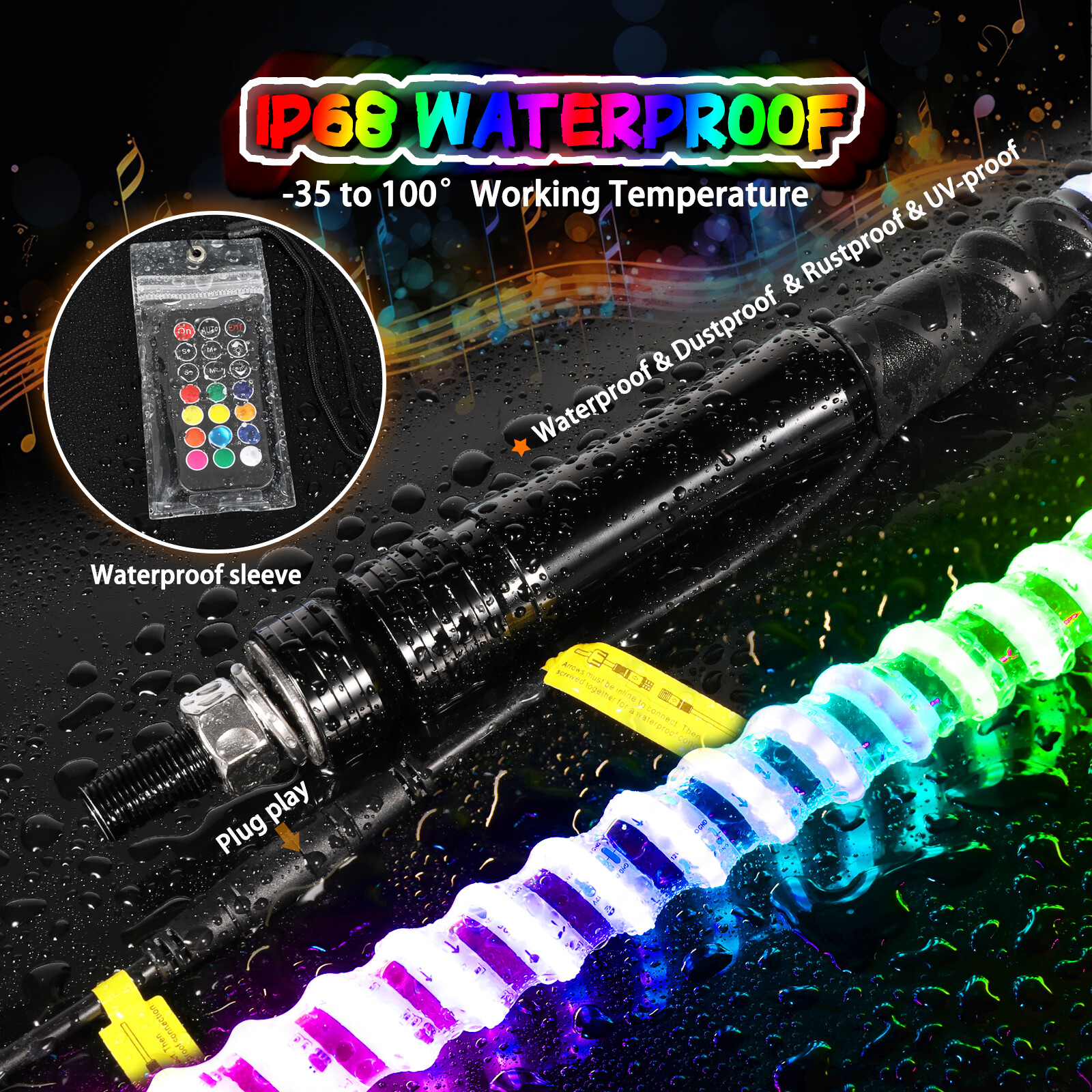 For Can-am Maverick X3 Pair 2FT Spiral RGB LED Whip Lights Wireless APP & Remote