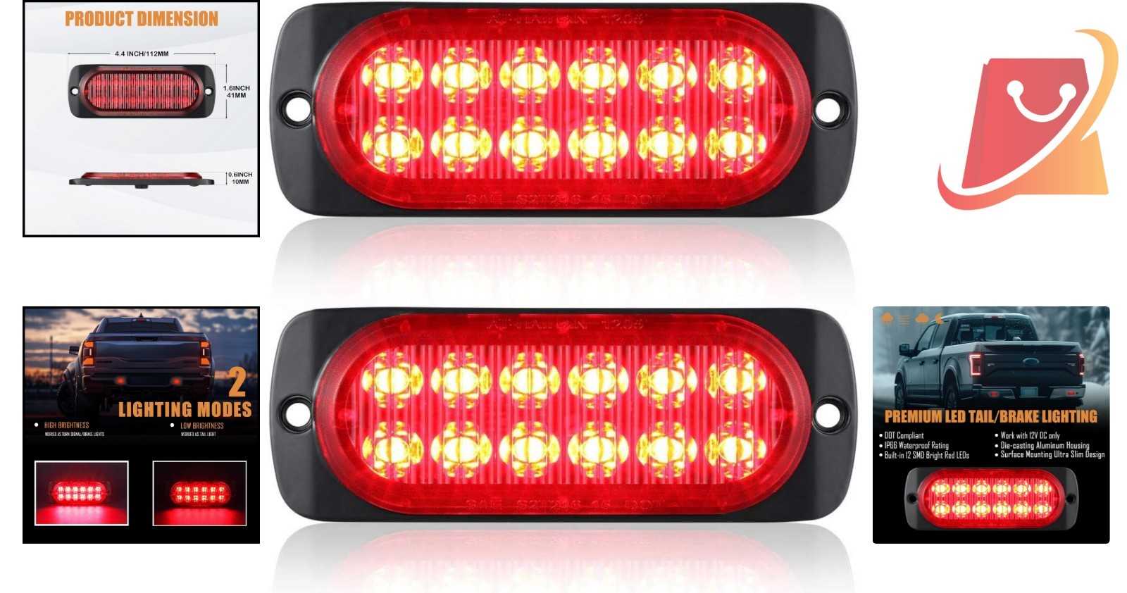 Aluminum Housing Red LED Trailer Lights Pack of 2 Waterproof Surface Mount DOT