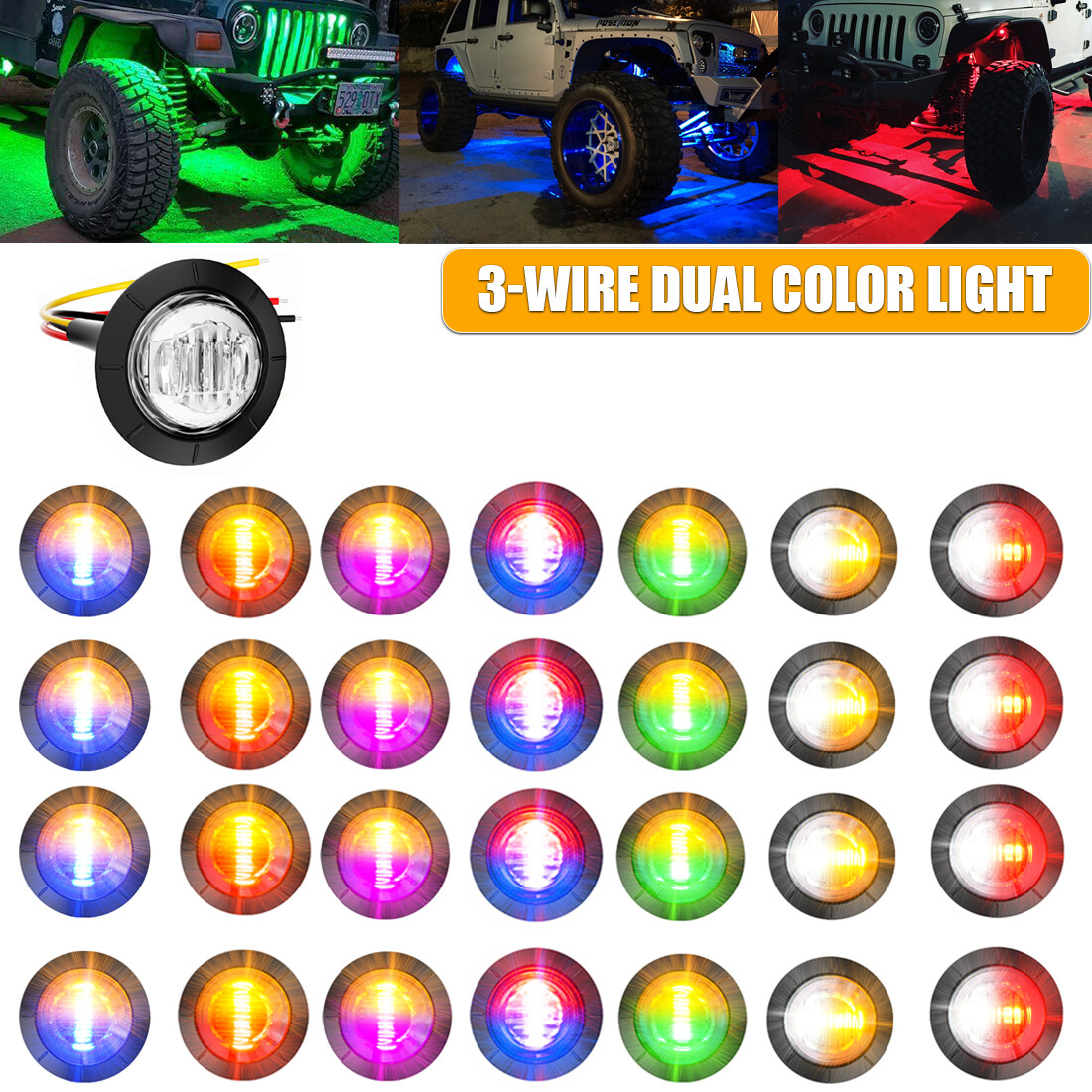 Dual Color 3/4″ 12V Marker Lights LED Truck Trailer Round Side Bullet Light 10pc