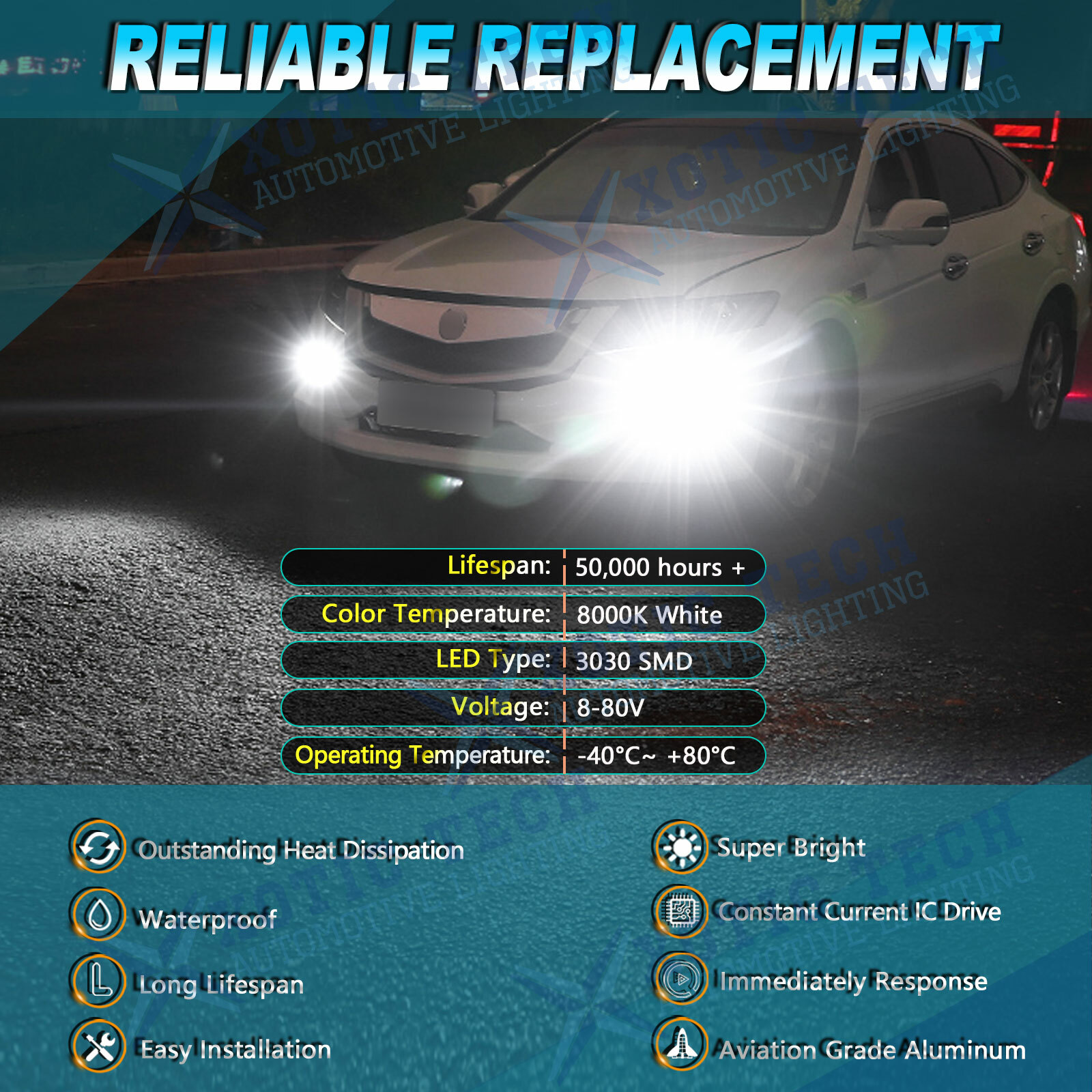 6000K Xenon White 16-SMD H15 High Power 80W LED DRL Daytime Running Light Bulbs