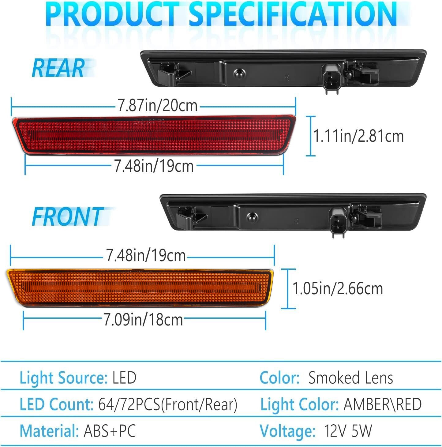 Amber & Red Lens LED Side Marker Lights Fits 15-23 Dodge Challenger Front + Rear
