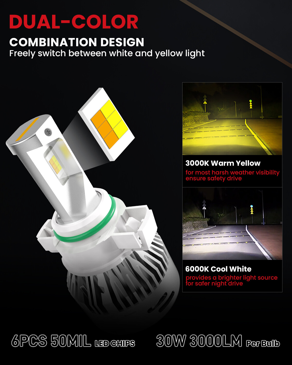 Lasfit Pair 5202 2504 LED Fog Light Bulb Switchback Dual Color LDplus 60W 6000LM
