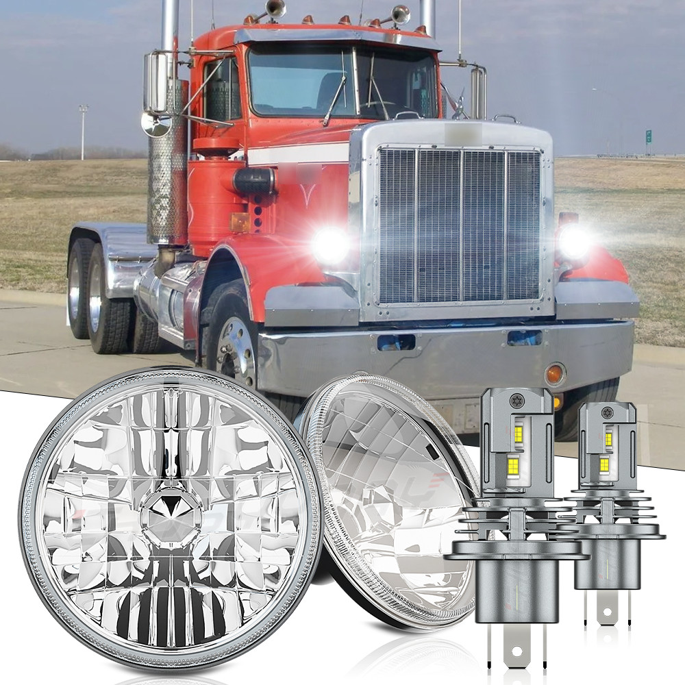 Newest Pair 7inch Led Round Headlight High-Low Beam fit Peterbilt 379 359 Trucks