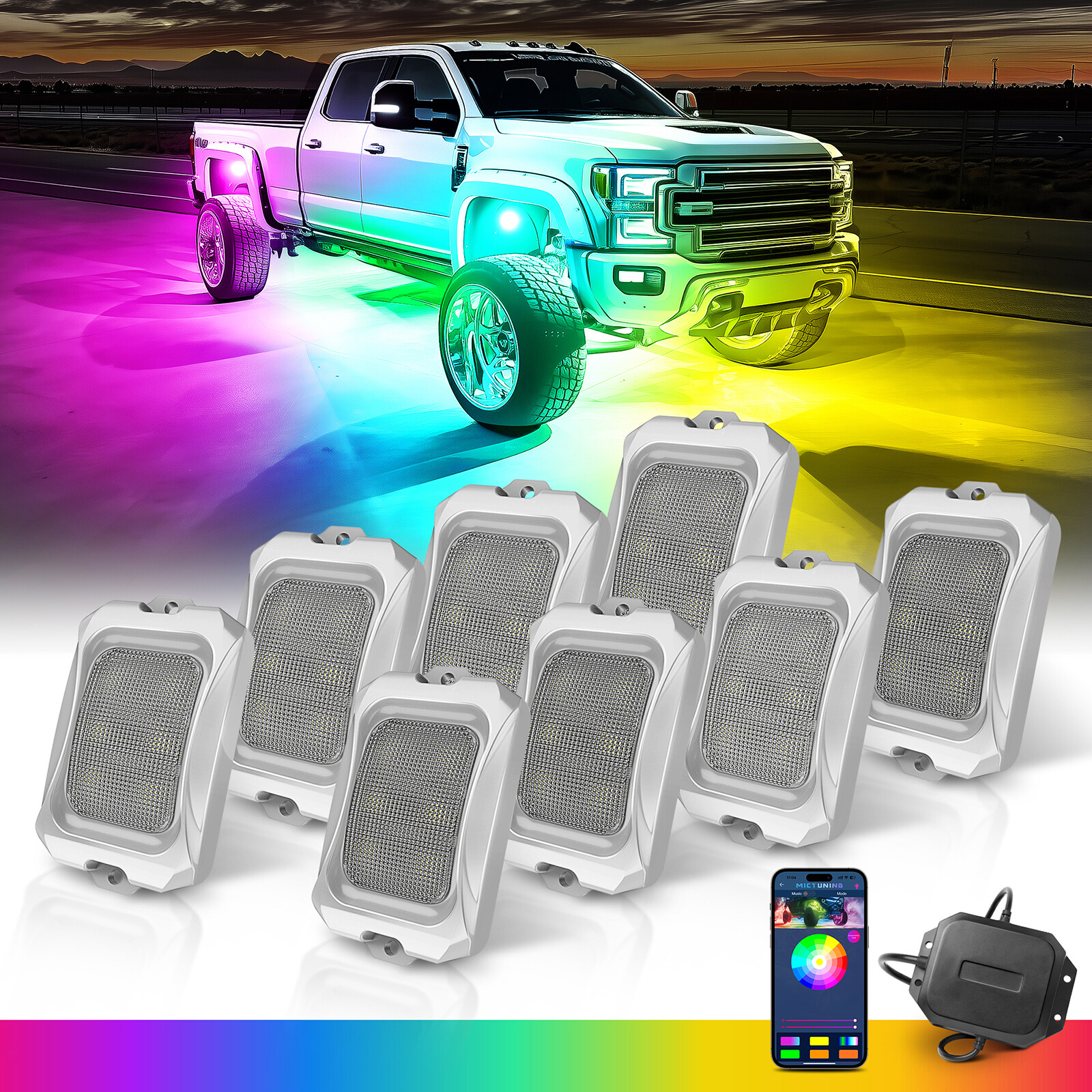 MICTUNING RGB/RGB+IC LED Rock Lights, 8/12/16/20 Pods Underglow Led Chasing Lamp