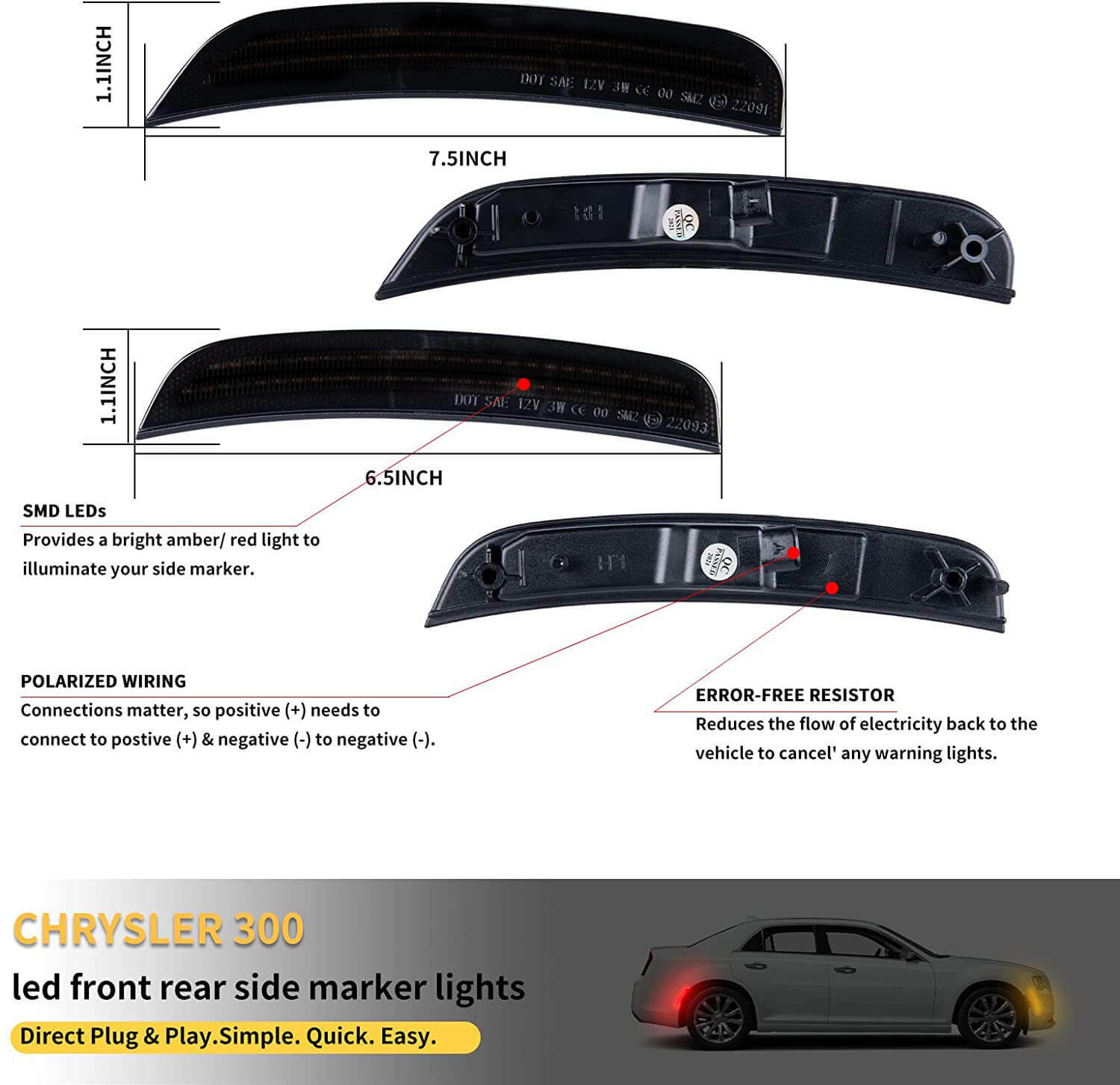 4PC Smoked Front&Rear LED Side Marker Light 2Row Lamp For 2015-2021 Chrysler 300