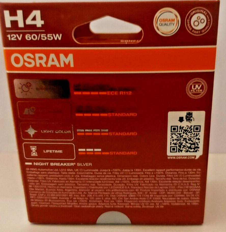 NEW OSRAM Night Breaker Silver H4 Car Headlight Bulbs 64193NBS-HCB Duo 60/55W