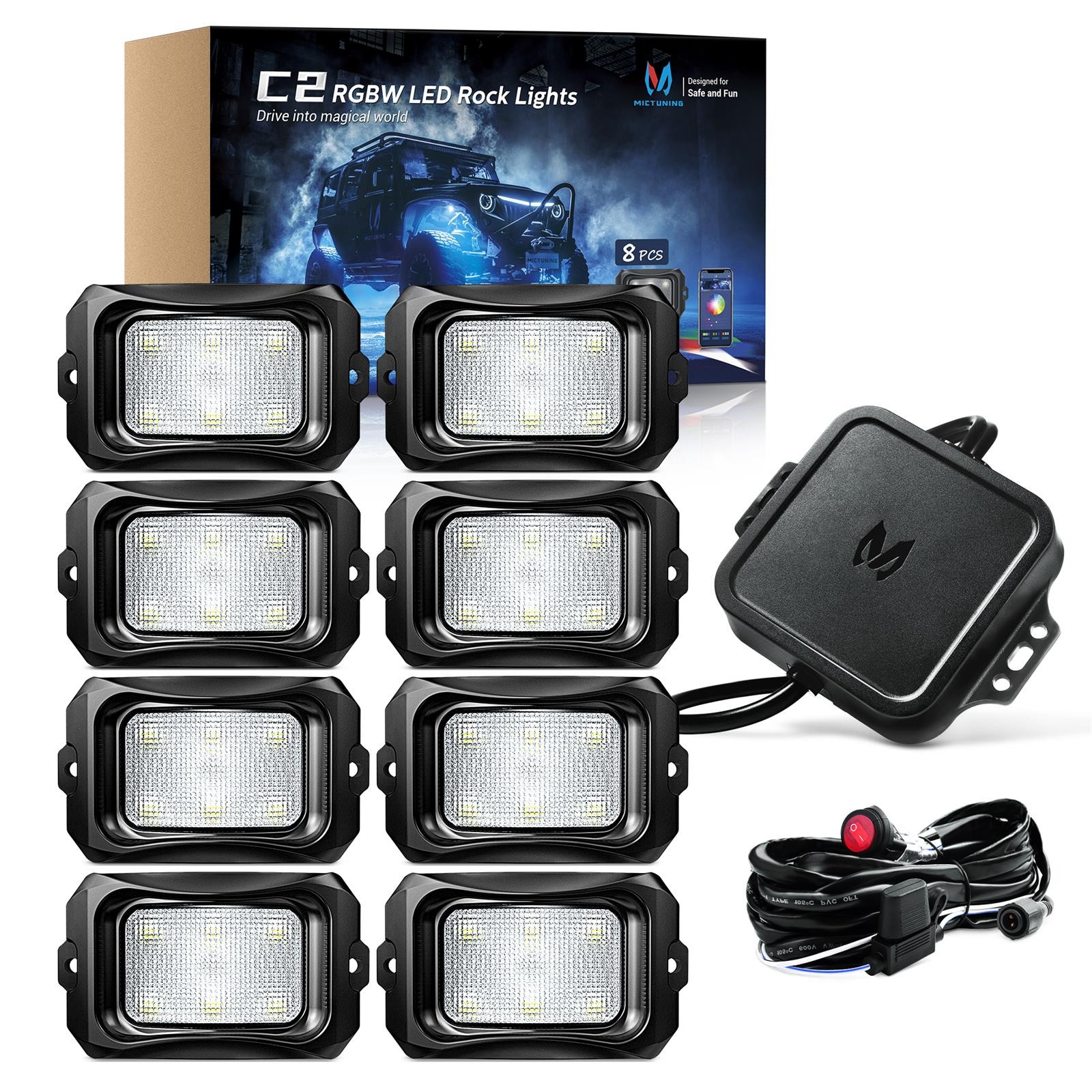MICTUNING C2 Curved RGBW LED Rock Lights – 8 Pods Multicolor Neon LED Light Kit