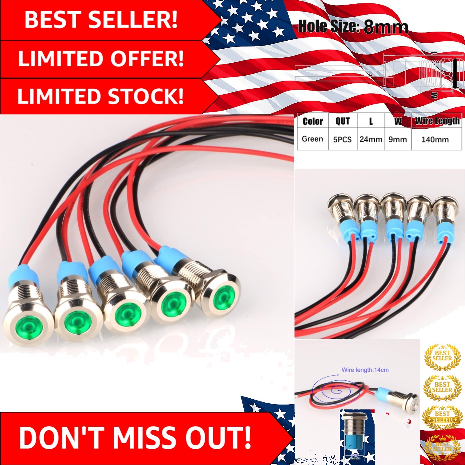 Green 8mm LED Indicator Lights (5pcs) for AC/DC 12-24V – Eco-Friendly & Durable