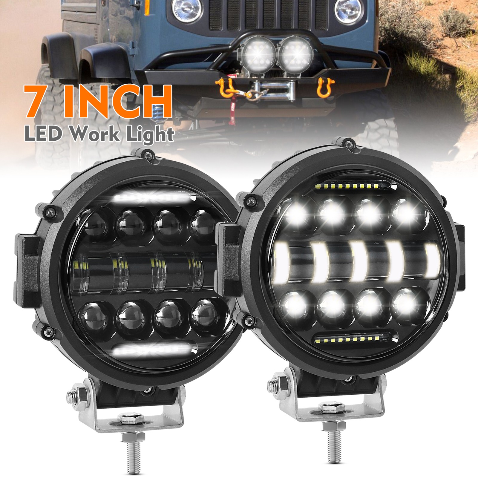 7″ Inch Round LED Work Light Bar Offroad Fog Driving Lamp Truck ATV UTV DRL Pods