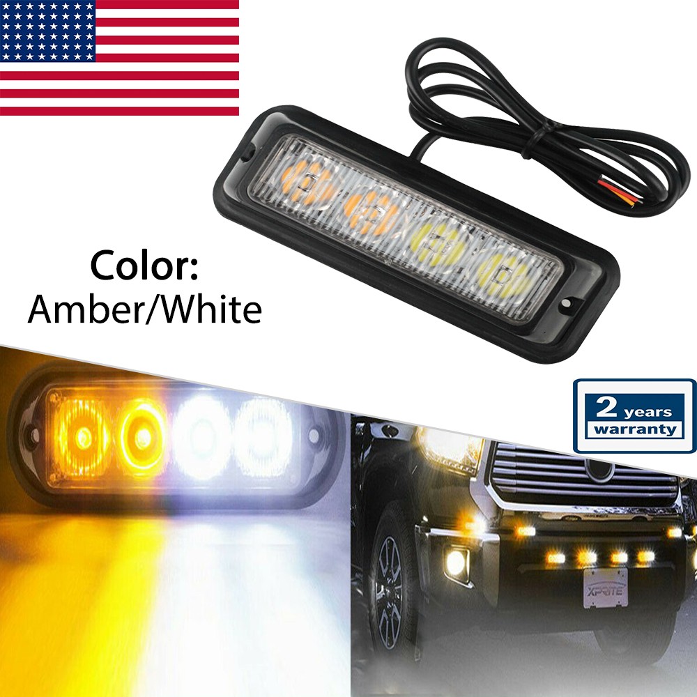 4 LED Amber White Truck Car Emergency Beacon Warning Hazard Flash Strobe Light