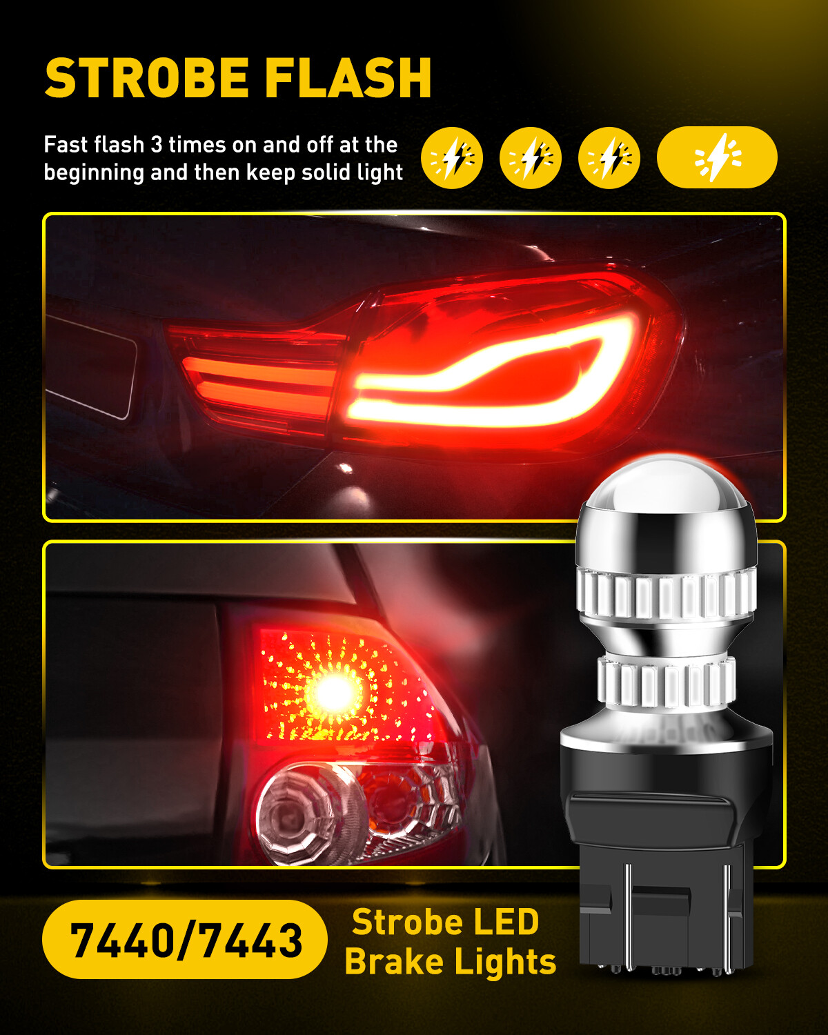 2pcs 7443 7440 LED Red Strobe Flash Blinking Brake Stop Tail Parking Light Bulbs