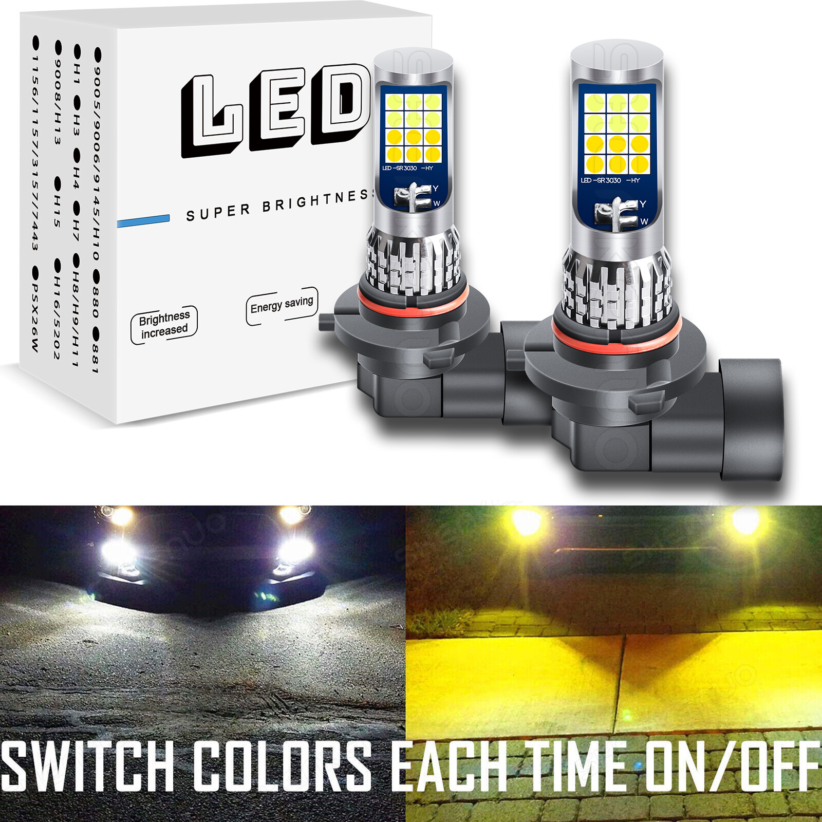9006 White/golden Yellow LED Fog Light Bulb Dual Color Switchback Strobe Flash