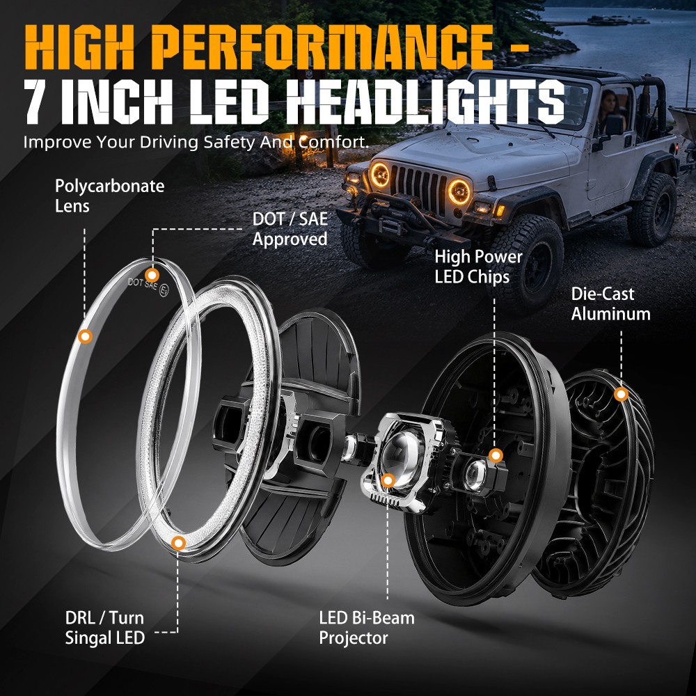 Pair 7“ inch round headlights Z Shape Hi/Lo Beam DRL For Ford Mustang 1965-1978