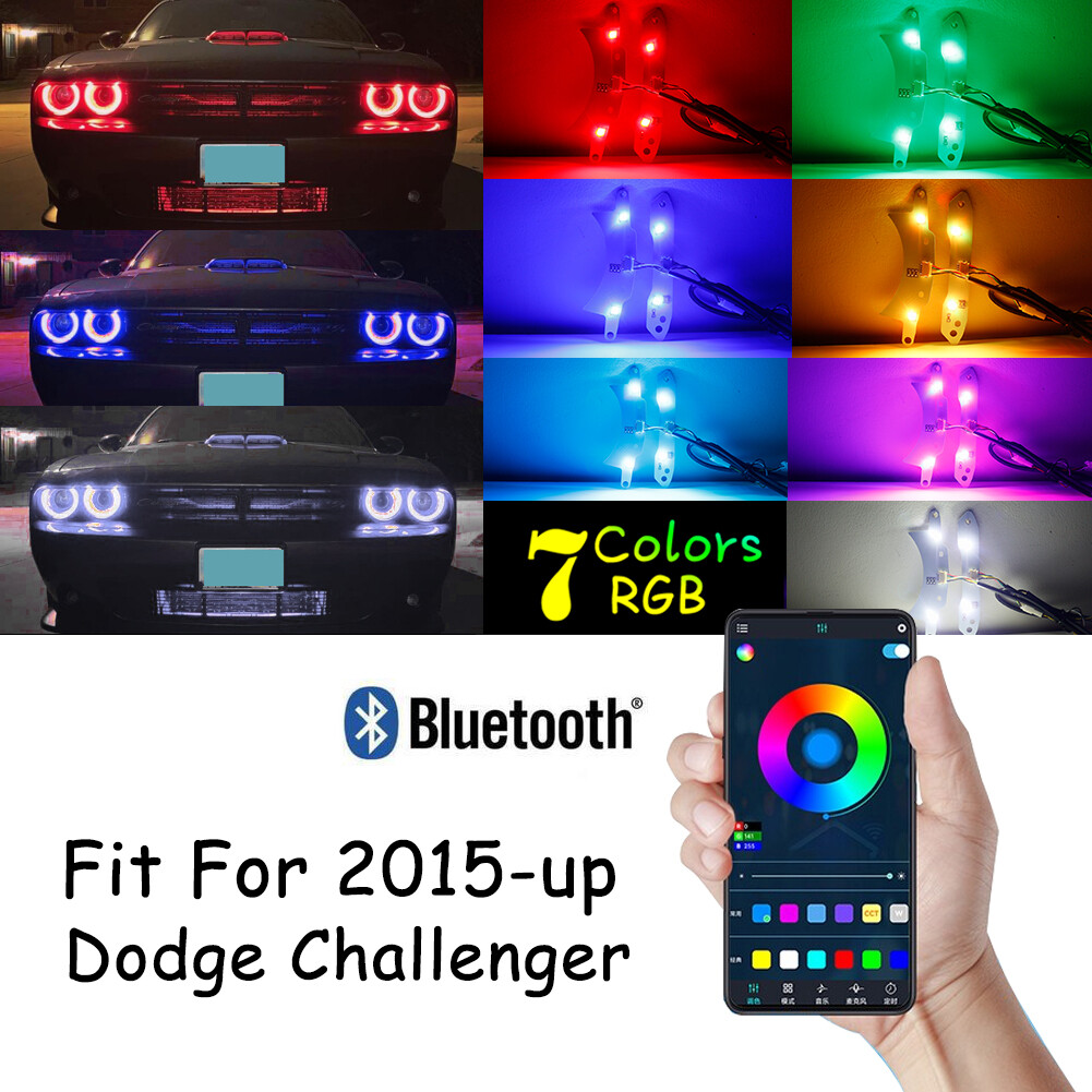 For 15-18 Dodge Challenger RGBW Halo DRL Headlights LED Boards Bluetooth Control