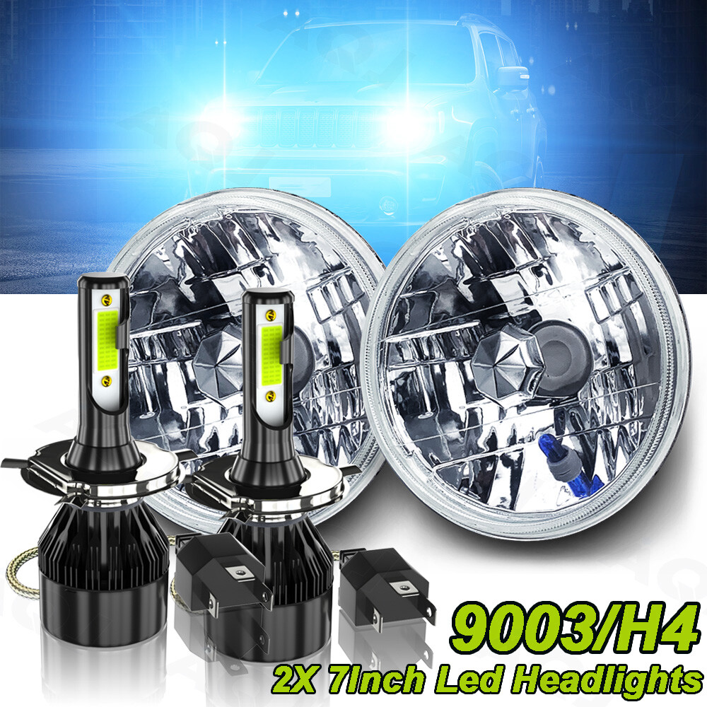 7″Inch Blue led GLASS Headlight Round, ORIGINAL CLASSIC LOOK Conversion Chrome