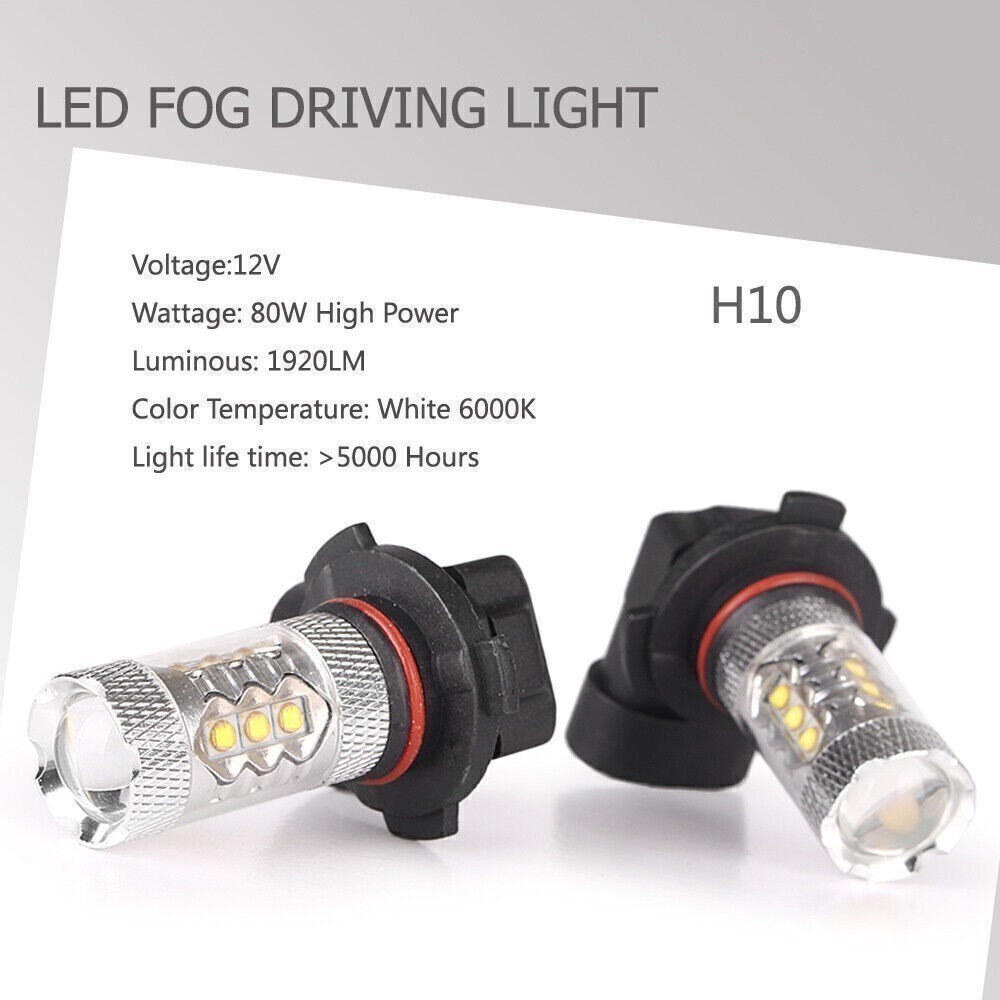 2x 80W 12V H10 High Power LED 6000K Super White Fog Driving Lights Bulbs