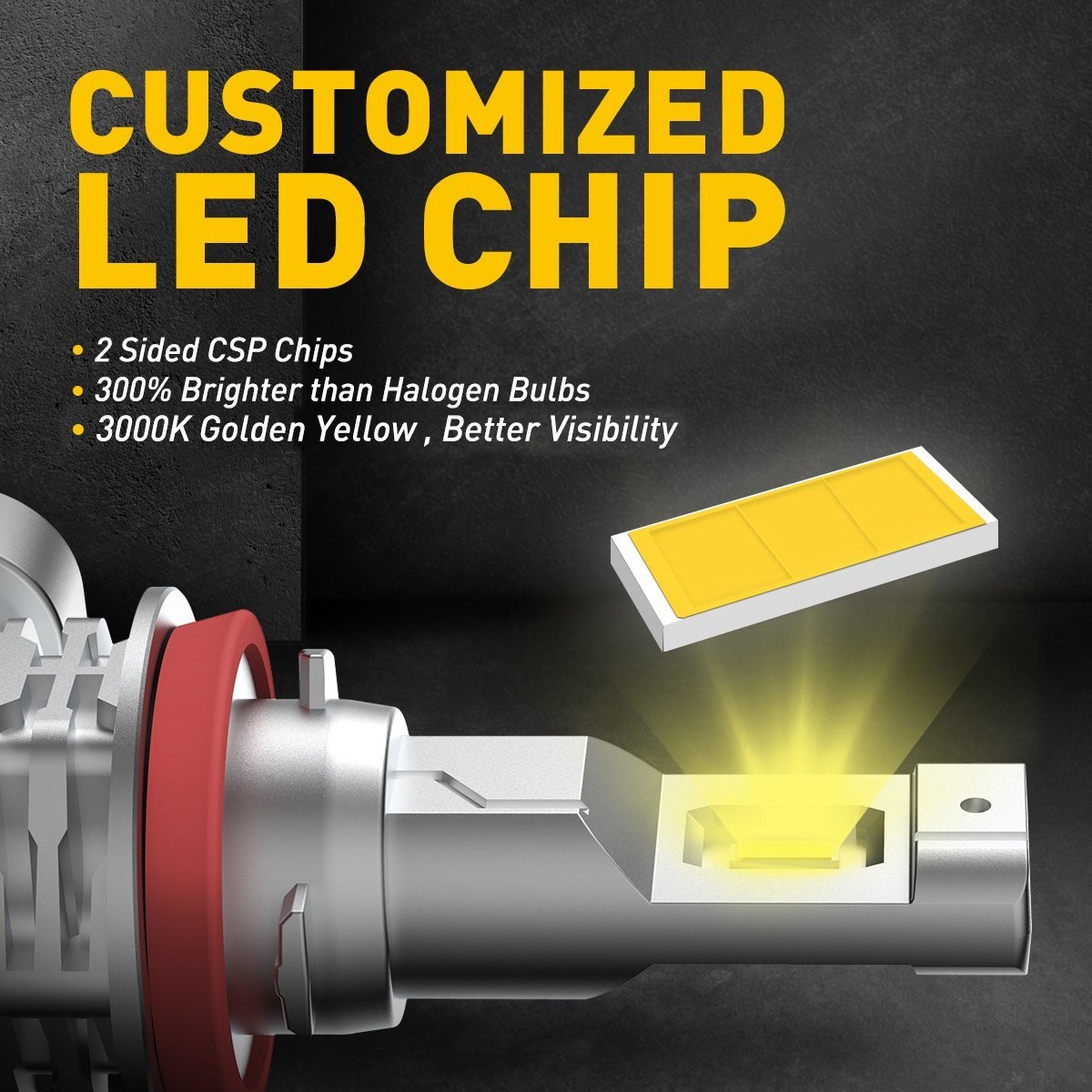 2 Pack H11 H8 H9 LED Fog Light Bulb Fanless High Brightness 3000K Golden Yellow