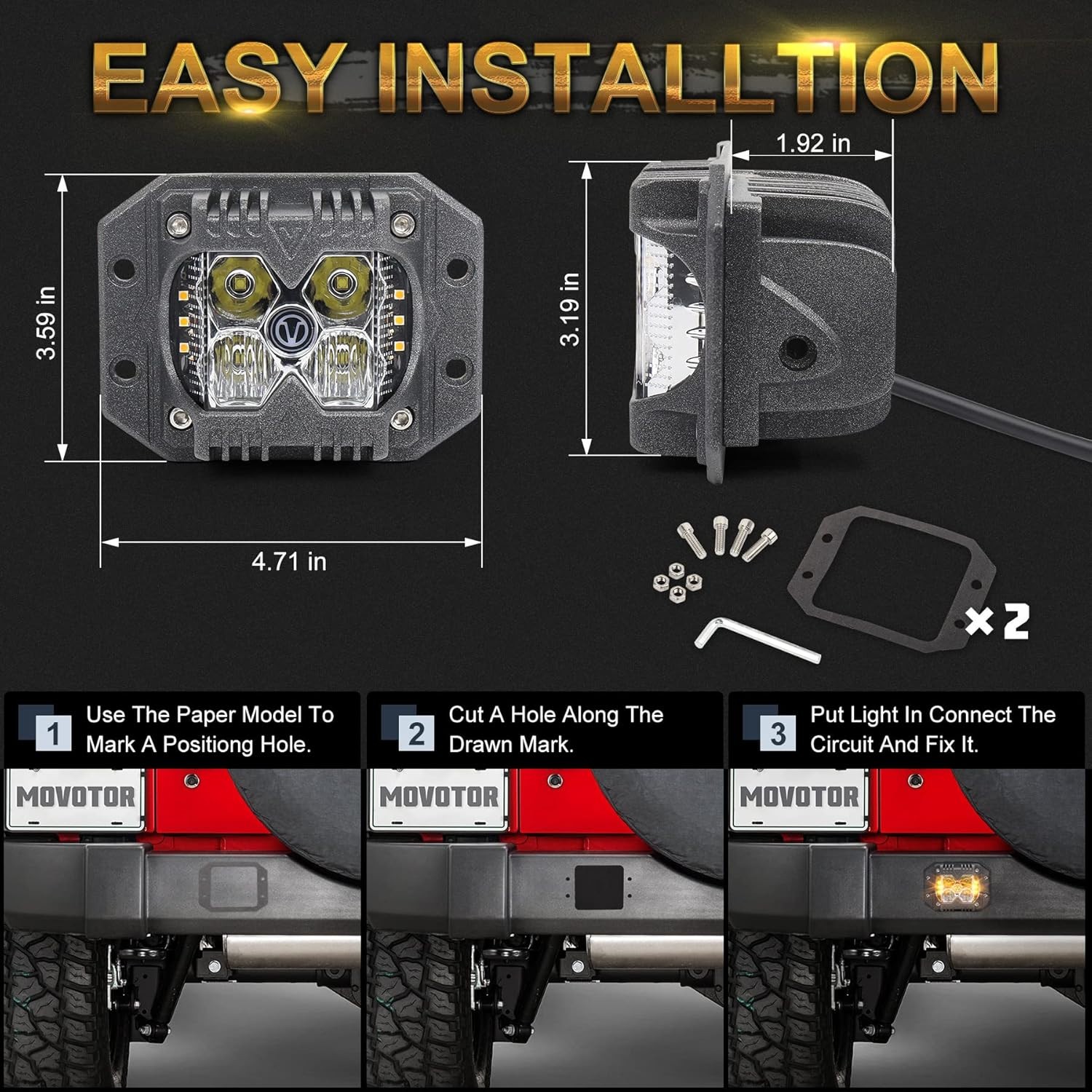 Flush Mount Led Pods, MOVOTOR Waterproof IP68 Reverse Lights with Combo Beam