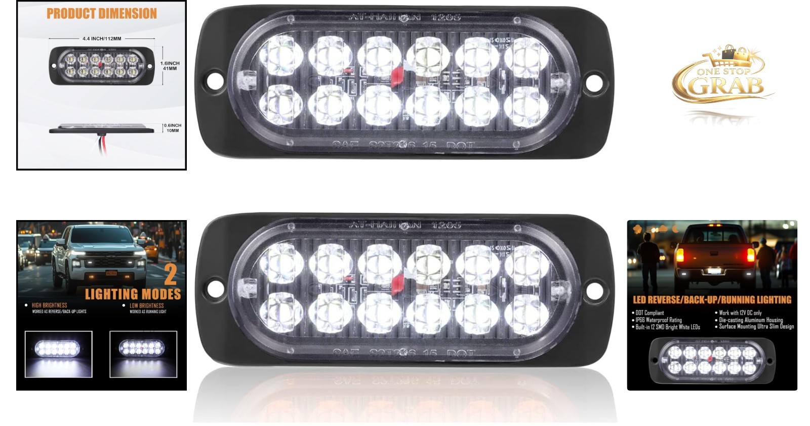2 Pack White LED Reverse Backup Lights Waterproof Surface Mount DOT Compliant