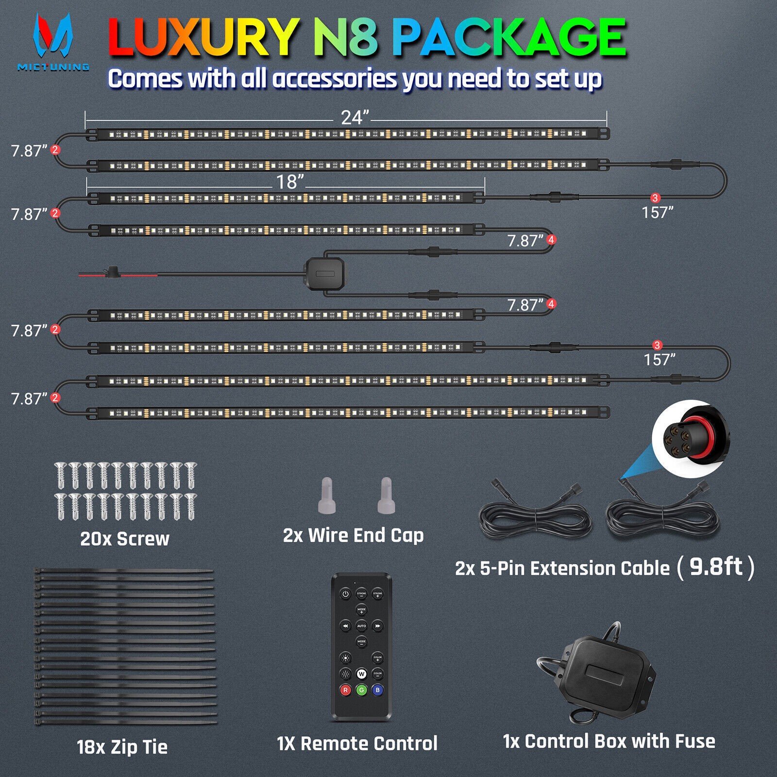 8pcs RGBW LED Underglow Lights Bar for SUV, LED Underbody Glow Neon Light Strips