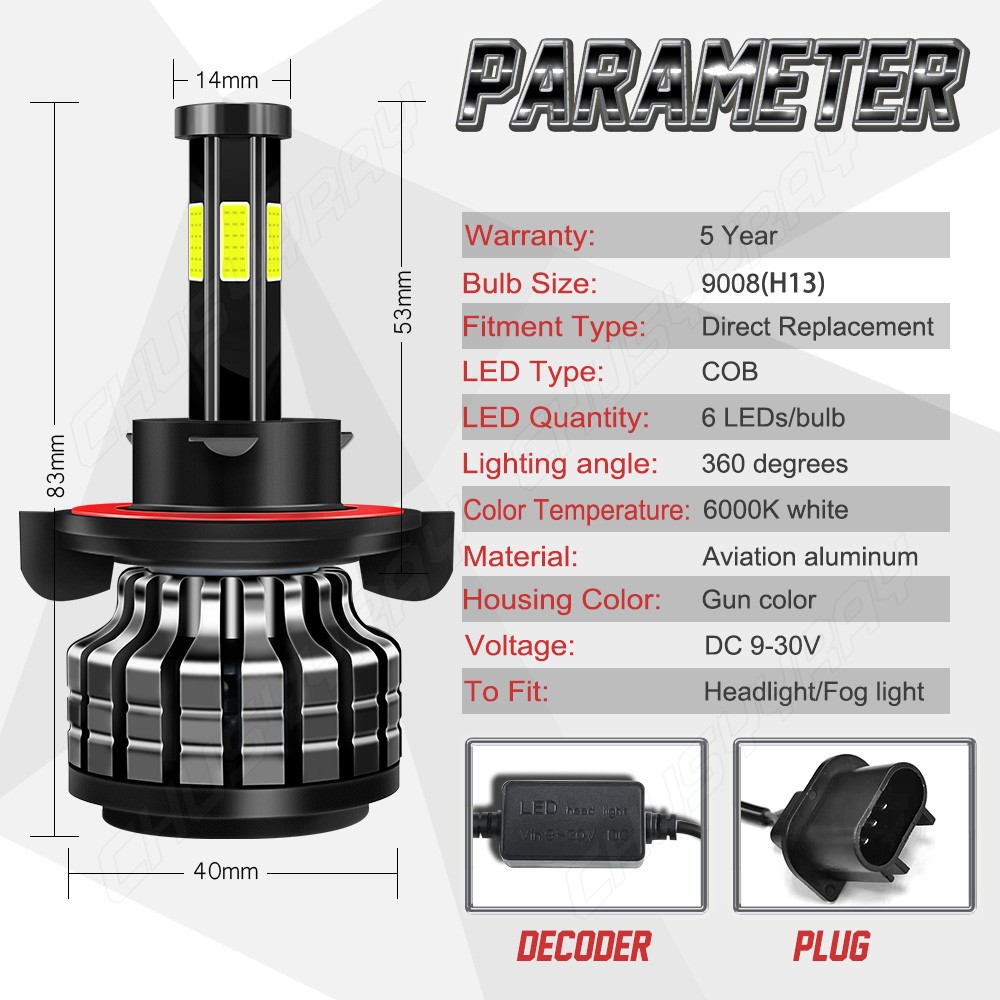 Pair H13 9008 LED Bulbs High Low Beam 6000K 100W Conversion Kits Bright White